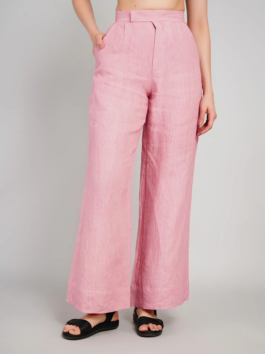 Women Pink Solid High-Rise Wide-Leg Trousers