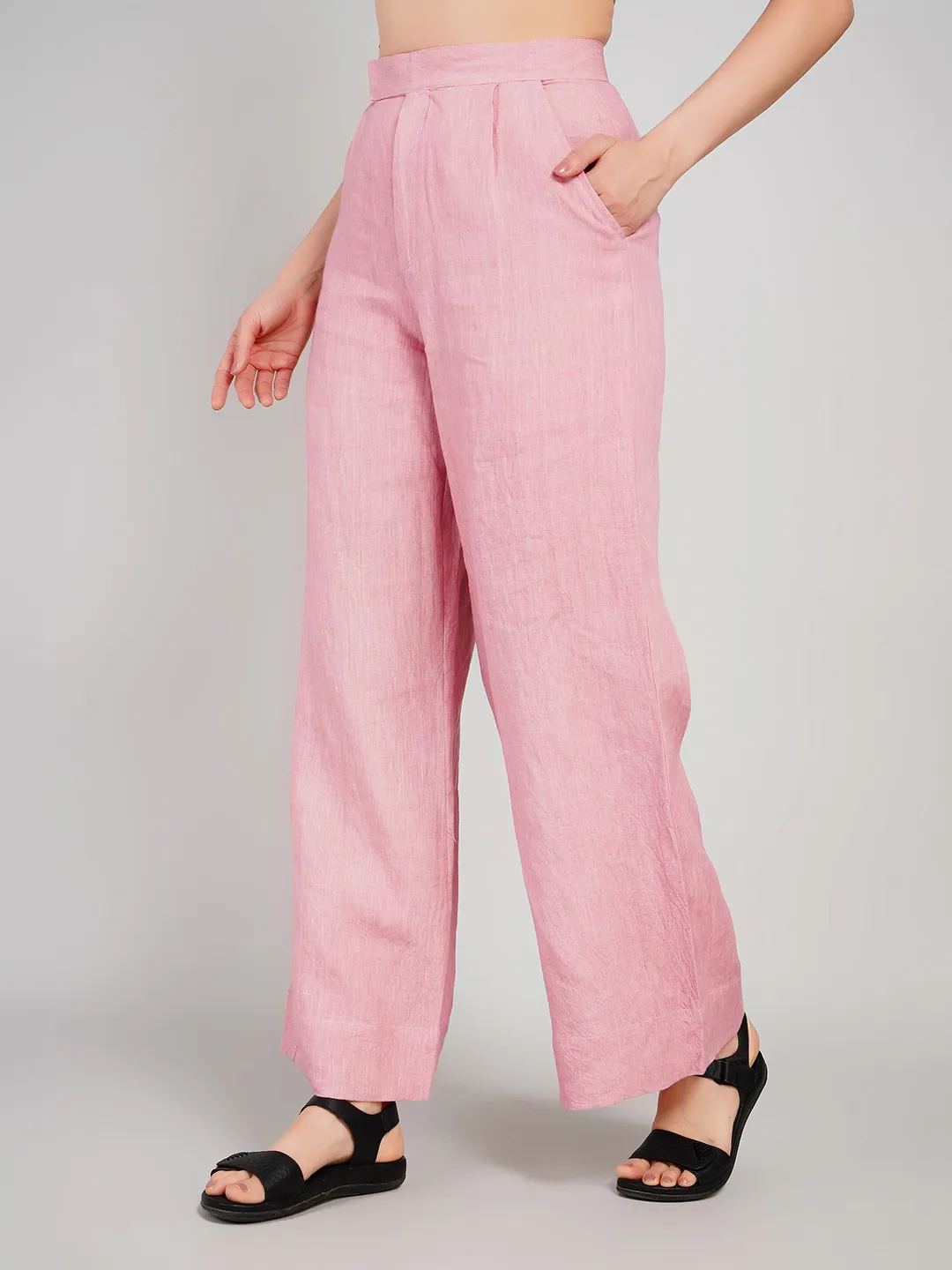 Women Pink Solid High-Rise Wide-Leg Trousers