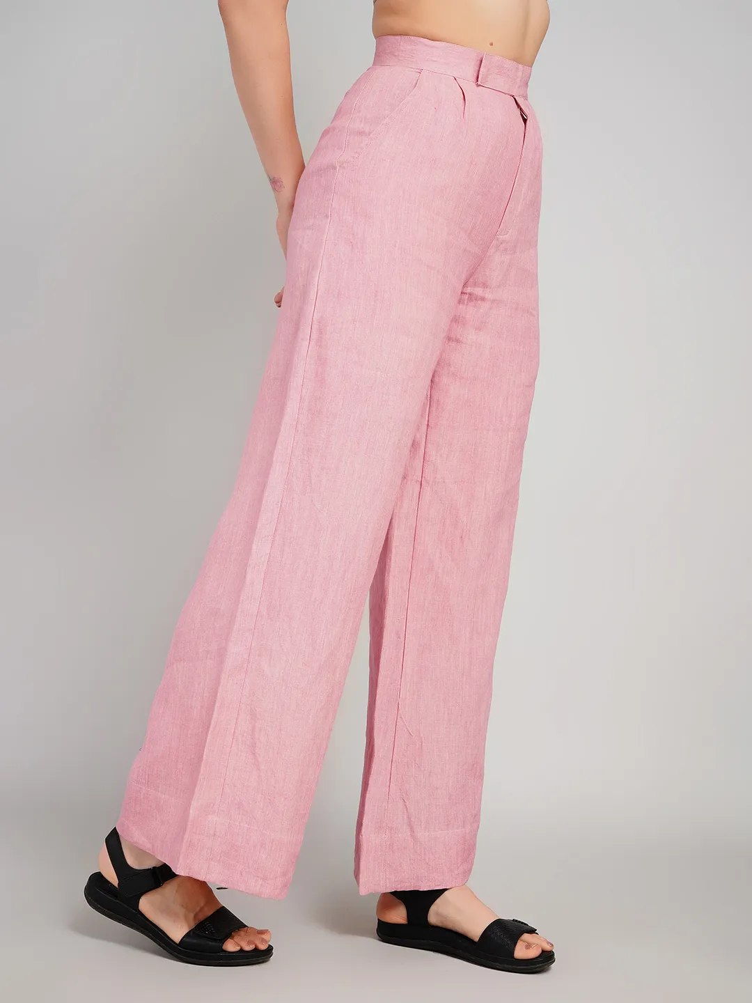Women Pink Solid High-Rise Wide-Leg Trousers