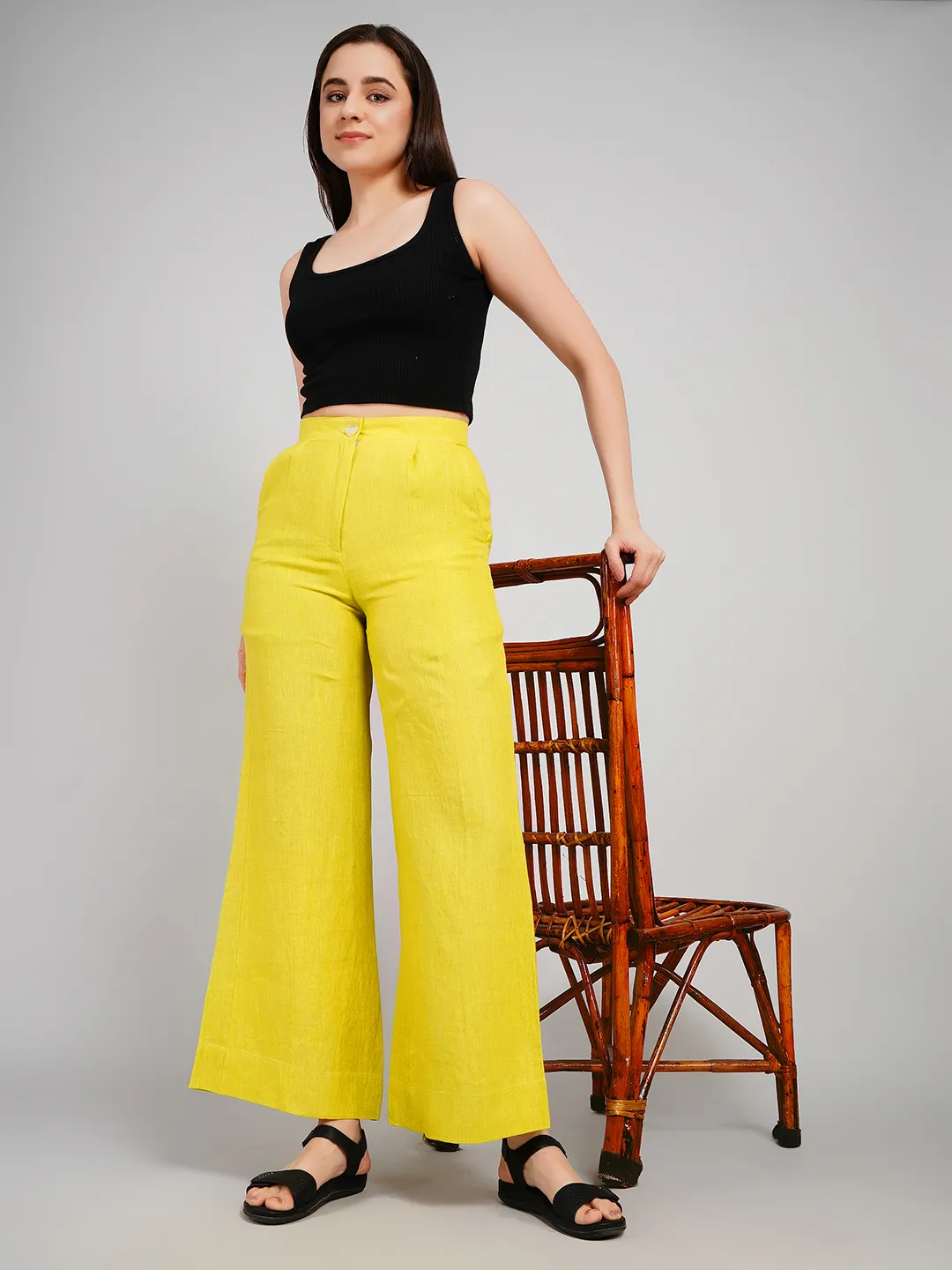 Women Lime Linen-Look Parallel Trousers