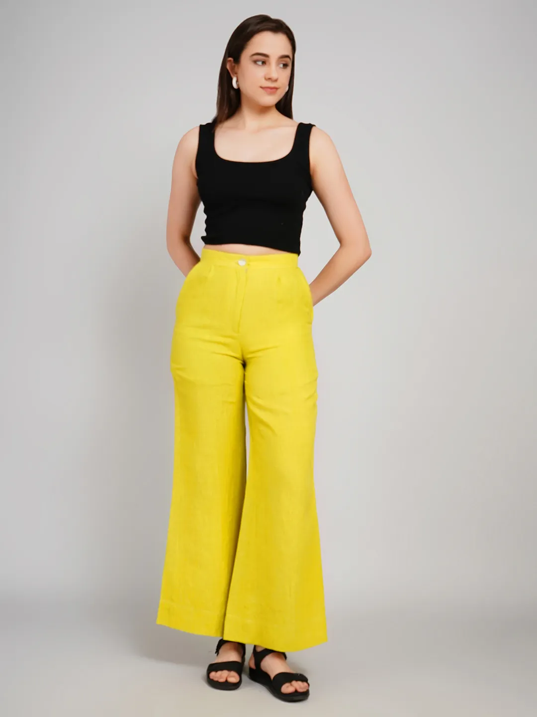 Women Lime Linen-Look Parallel Trousers