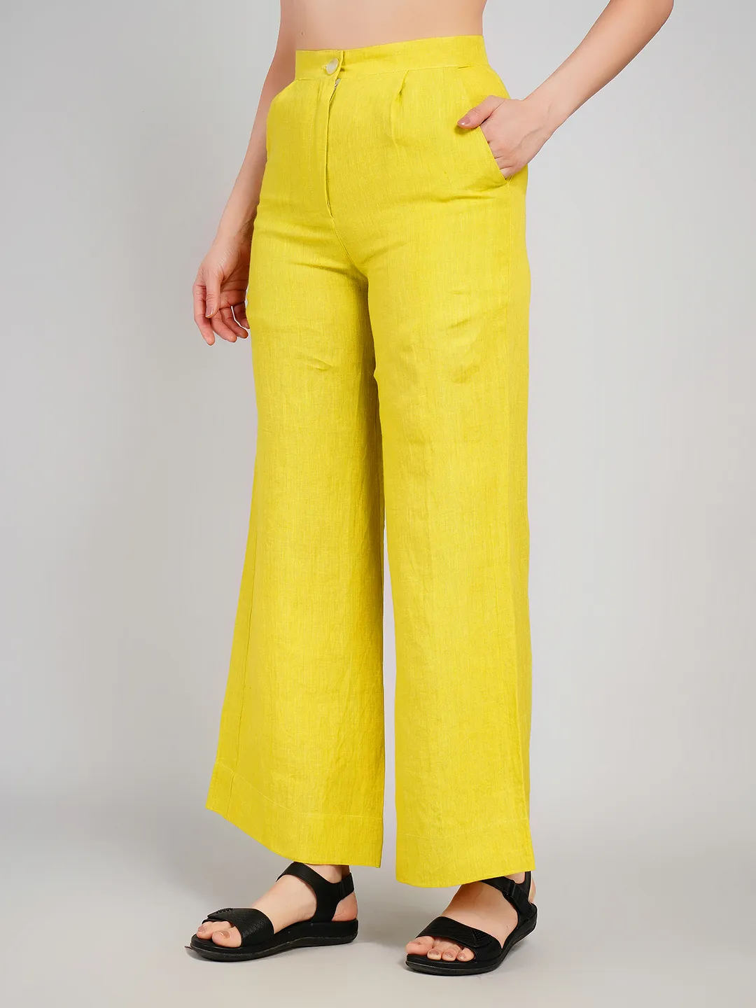 Women Lime Linen-Look Parallel Trousers