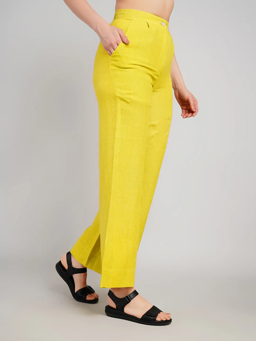 Women Lime Linen-Look Parallel Trousers