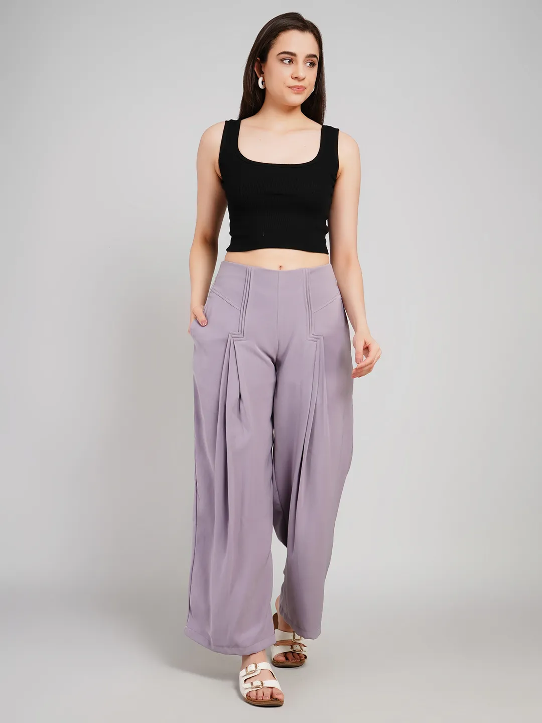 Luxe Lavender Textured Trousers with Front Pleat Detailing