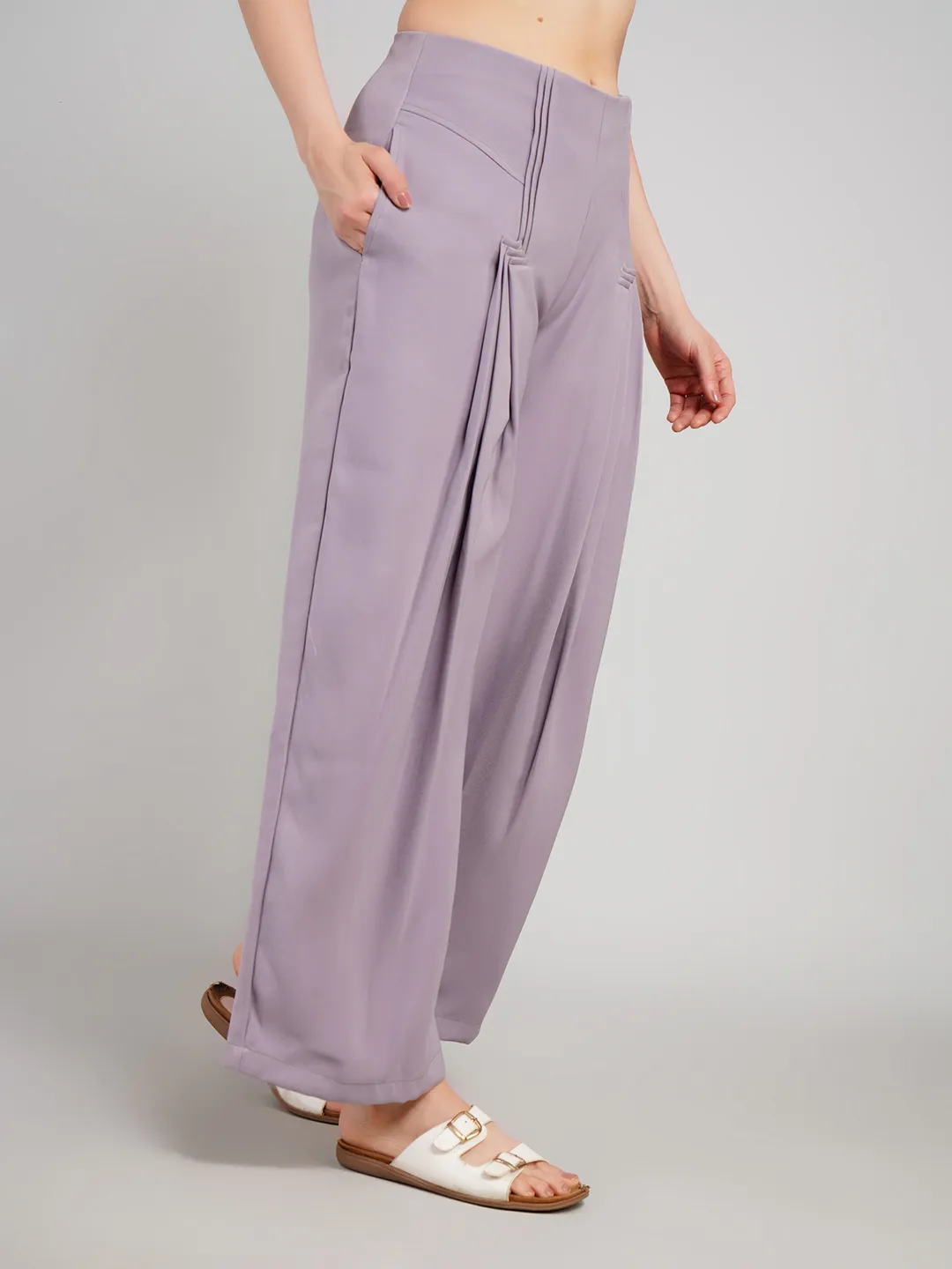 Luxe Lavender Textured Trousers with Front Pleat Detailing