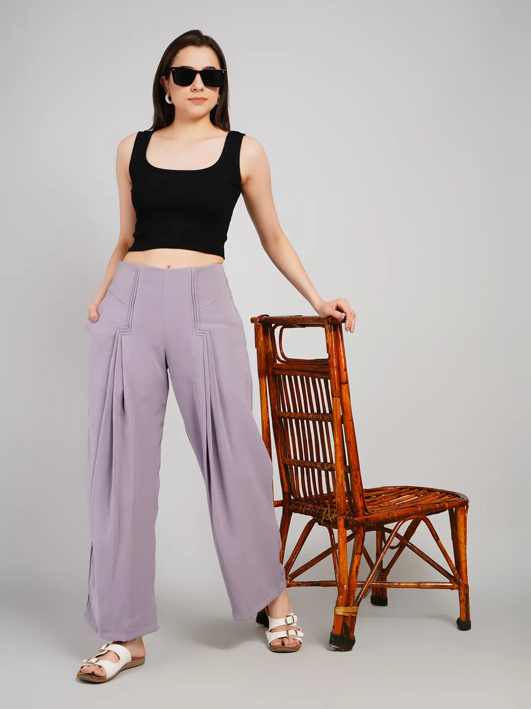 Luxe Lavender Textured Trousers with Front Pleat Detailing