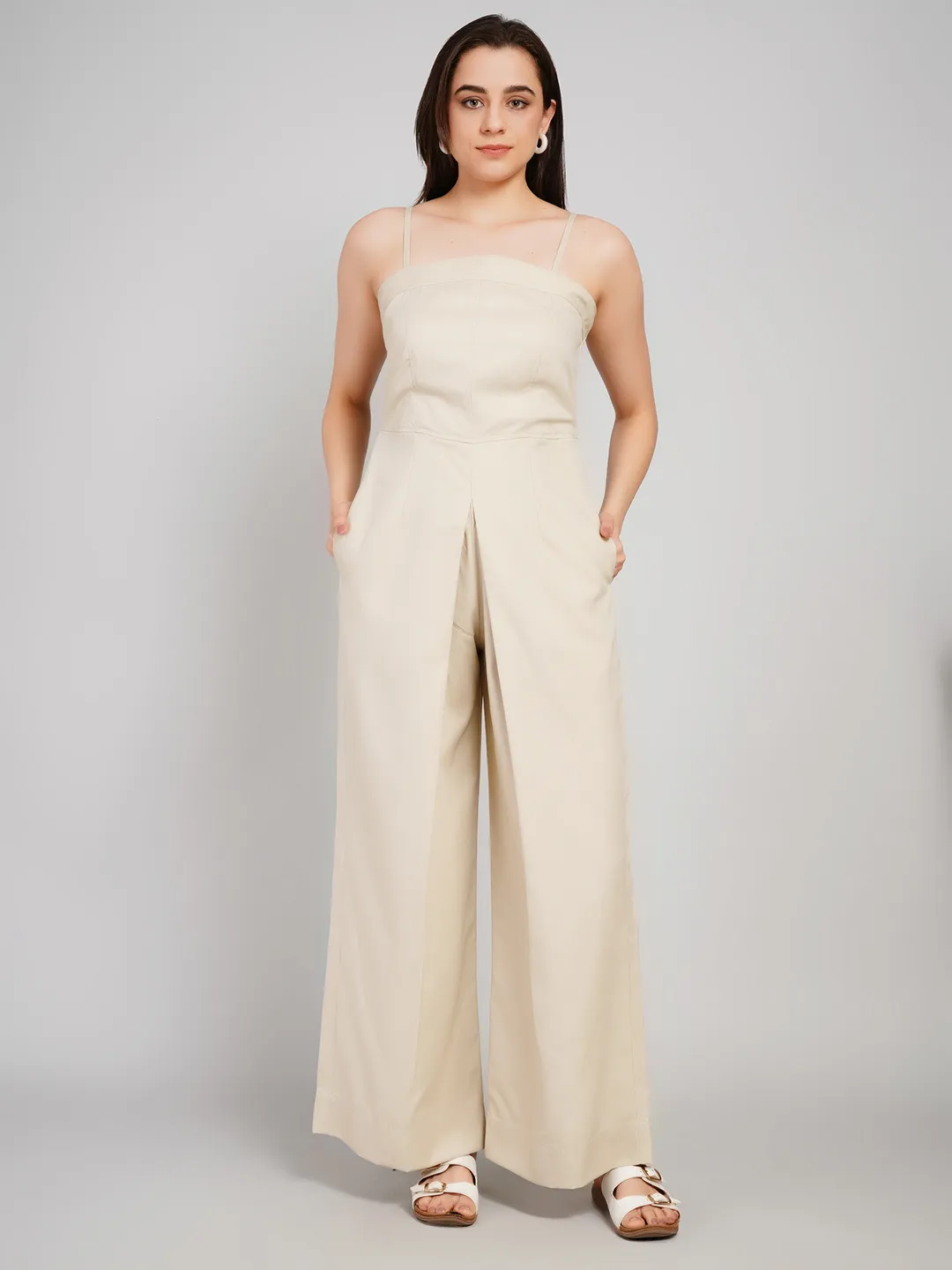 Women Brown Textured Sleeveless Jumpsuit with Adjustable Noodle Straps