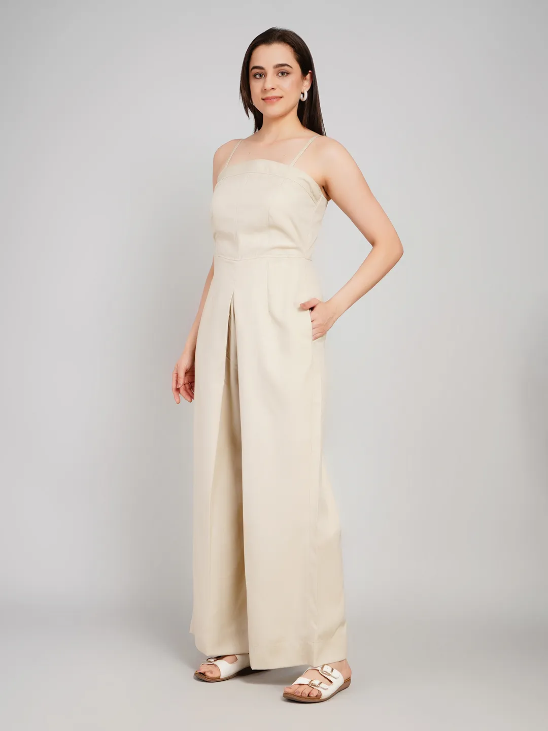 Women Brown Textured Sleeveless Jumpsuit with Adjustable Noodle Straps