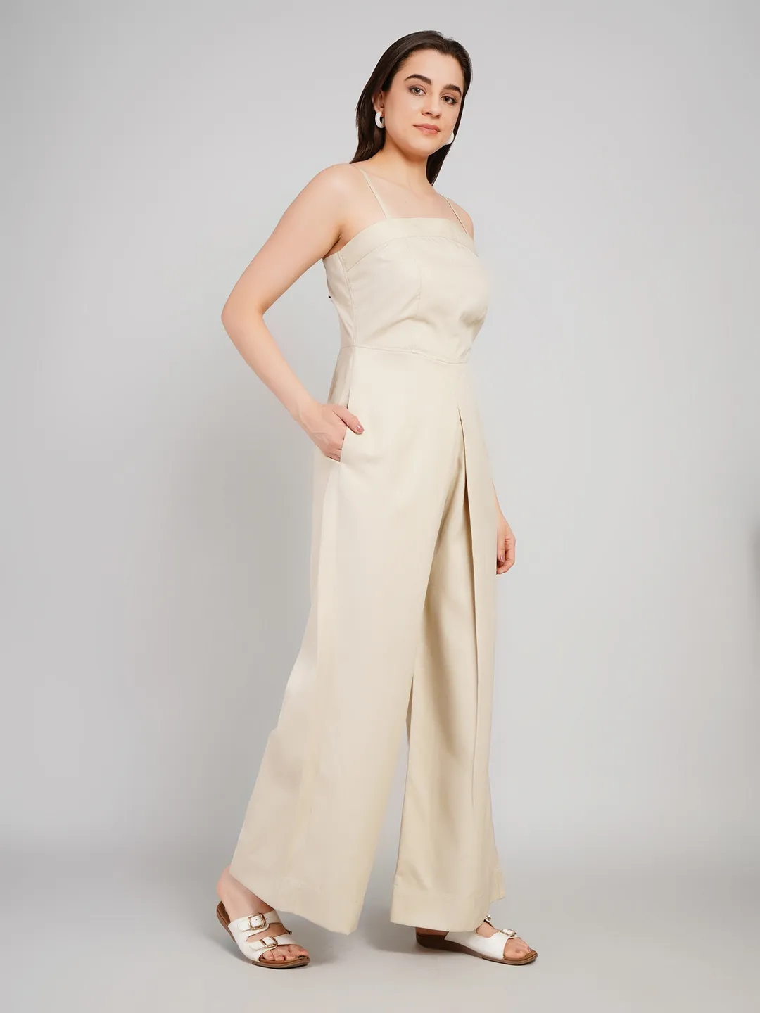 Women Brown Textured Sleeveless Jumpsuit with Adjustable Noodle Straps
