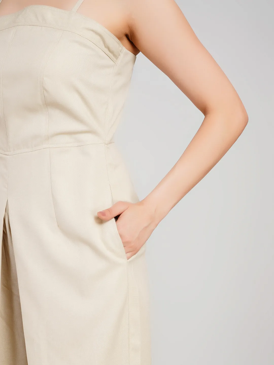 Women Brown Textured Sleeveless Jumpsuit with Adjustable Noodle Straps
