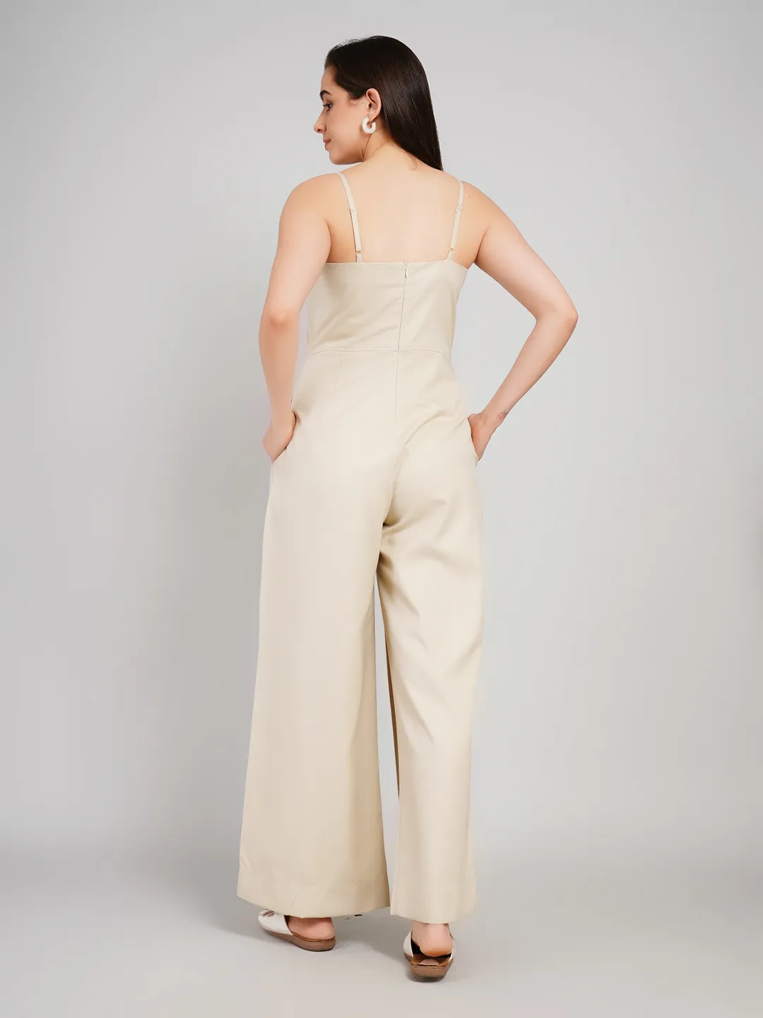 Women Brown Textured Sleeveless Jumpsuit with Adjustable Noodle Straps