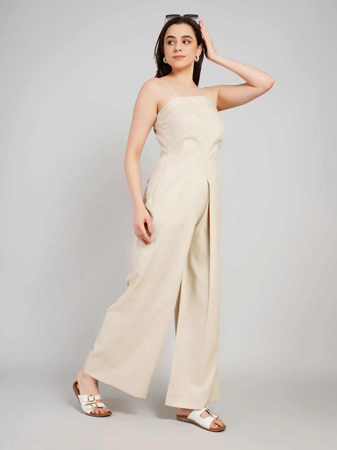 Women Brown Textured Sleeveless Jumpsuit with Adjustable Noodle Straps