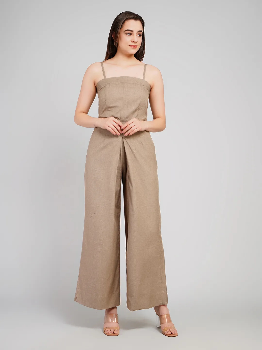 Women Brown Textured Sleeveless Jumpsuit with Adjustable Noodle Straps