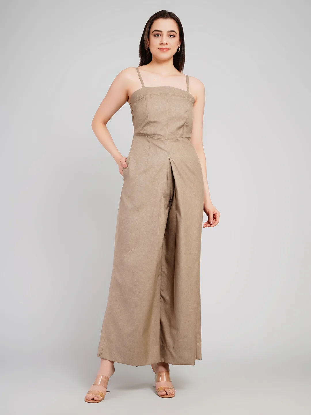 Women Brown Textured Sleeveless Jumpsuit with Adjustable Noodle Straps