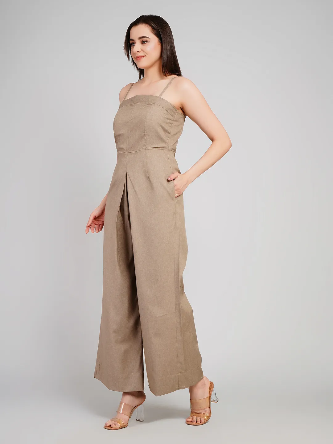 Women Brown Textured Sleeveless Jumpsuit with Adjustable Noodle Straps
