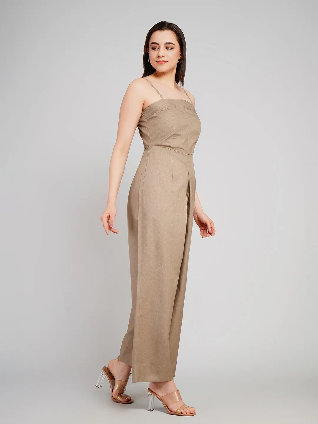 Women Brown Textured Sleeveless Jumpsuit with Adjustable Noodle Straps