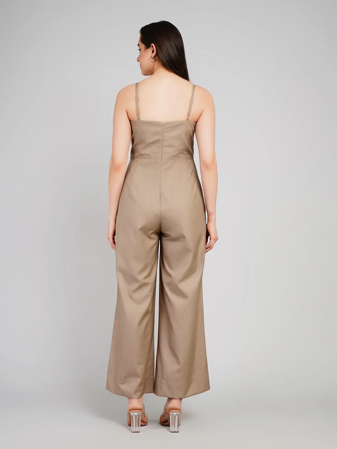 Women Brown Textured Sleeveless Jumpsuit with Adjustable Noodle Straps