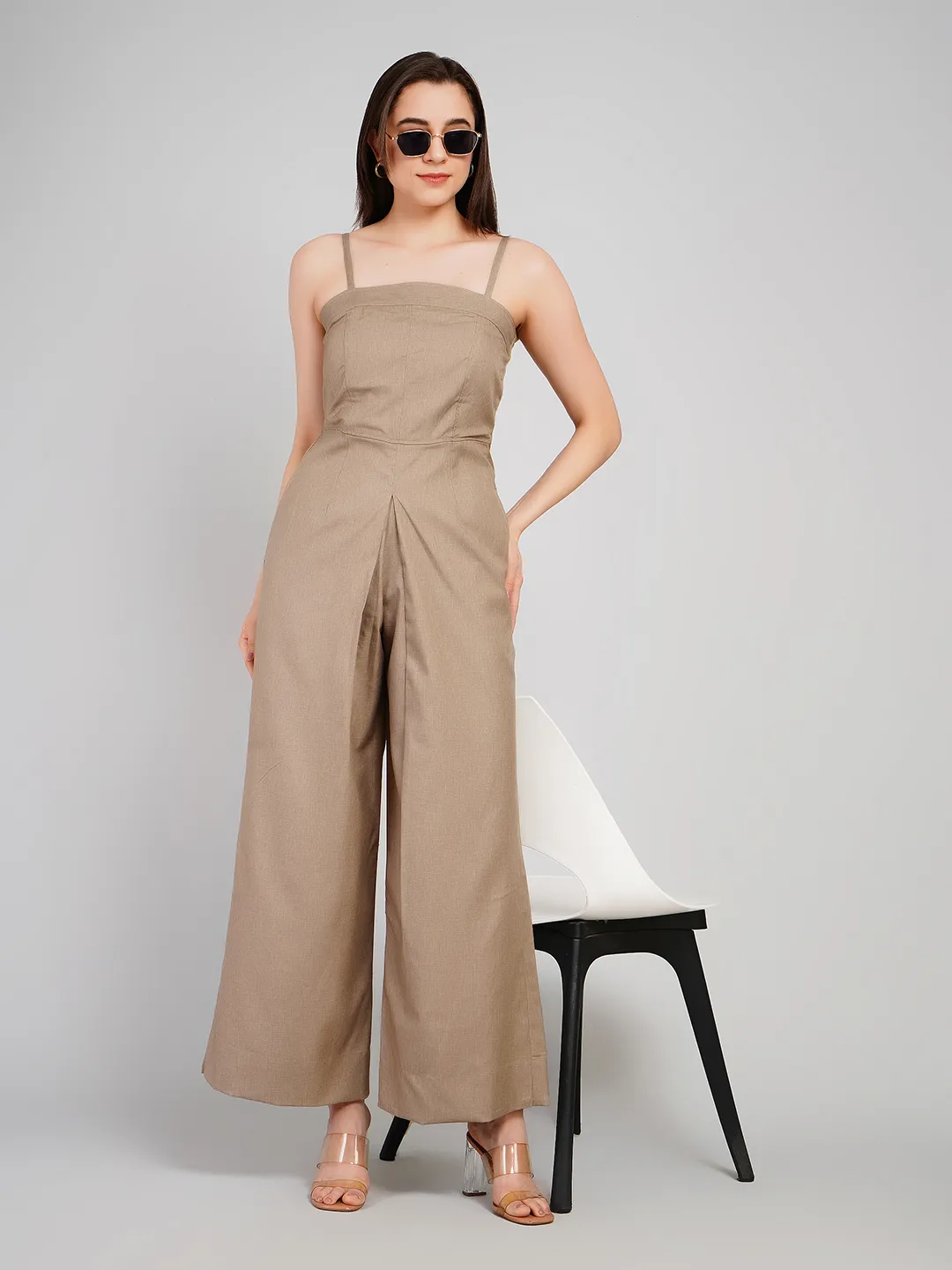 Women Brown Textured Sleeveless Jumpsuit with Adjustable Noodle Straps
