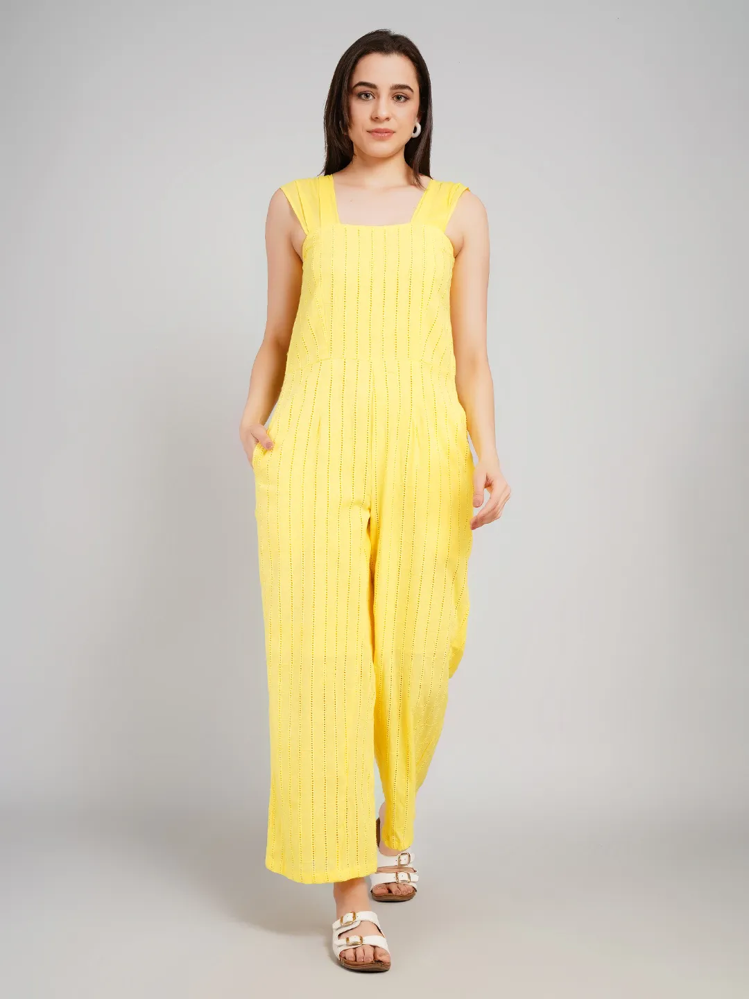 Women White Vertical Striped Eyelet Cotton Jumpsuit with Wide Straps
