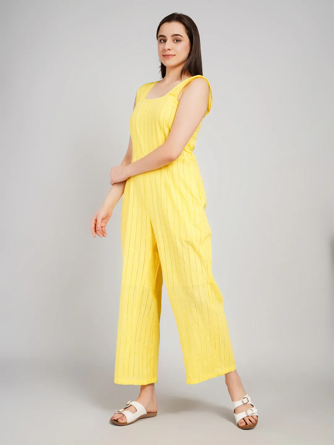 Women White Vertical Striped Eyelet Cotton Jumpsuit with Wide Straps