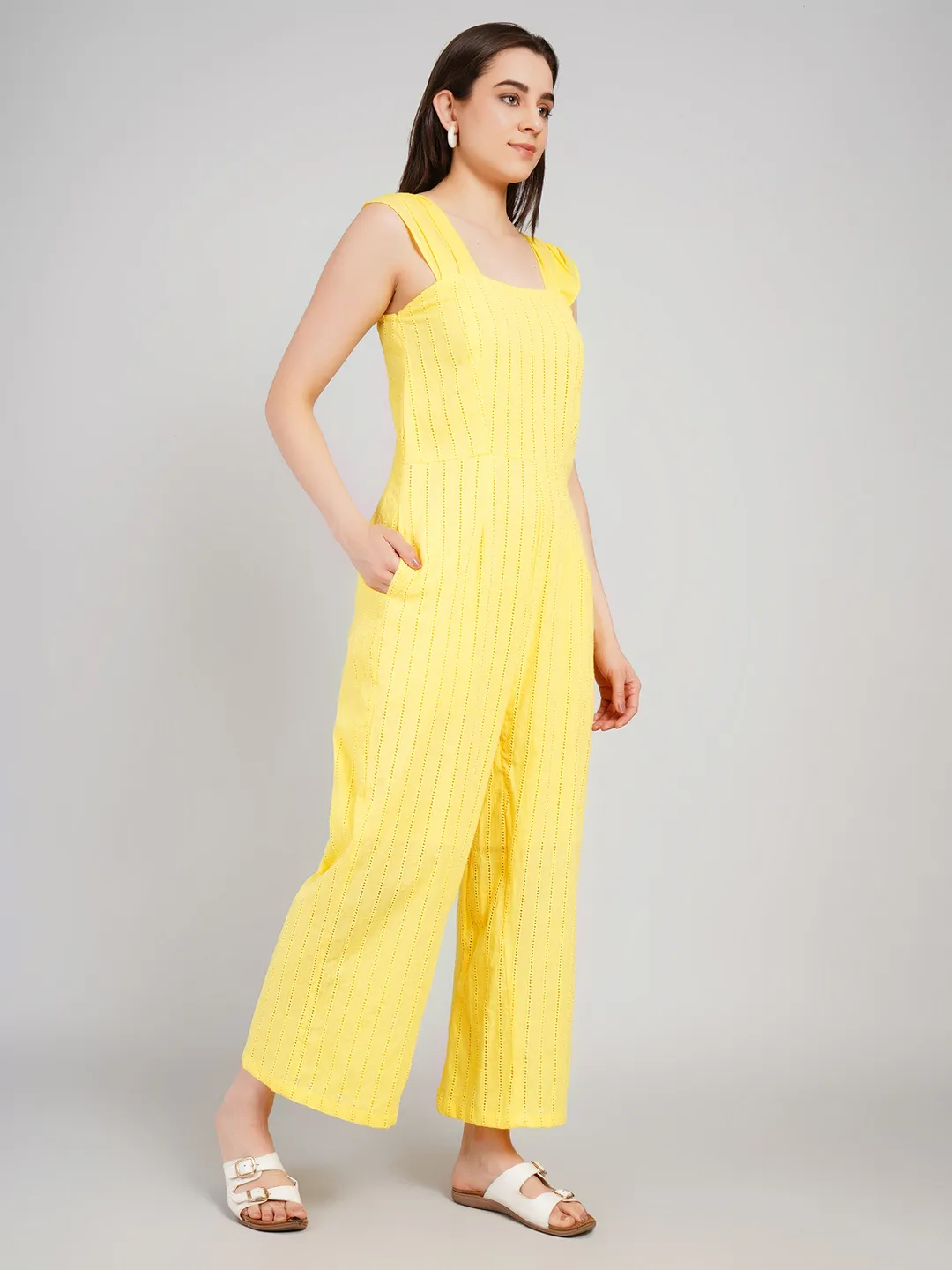 Women White Vertical Striped Eyelet Cotton Jumpsuit with Wide Straps