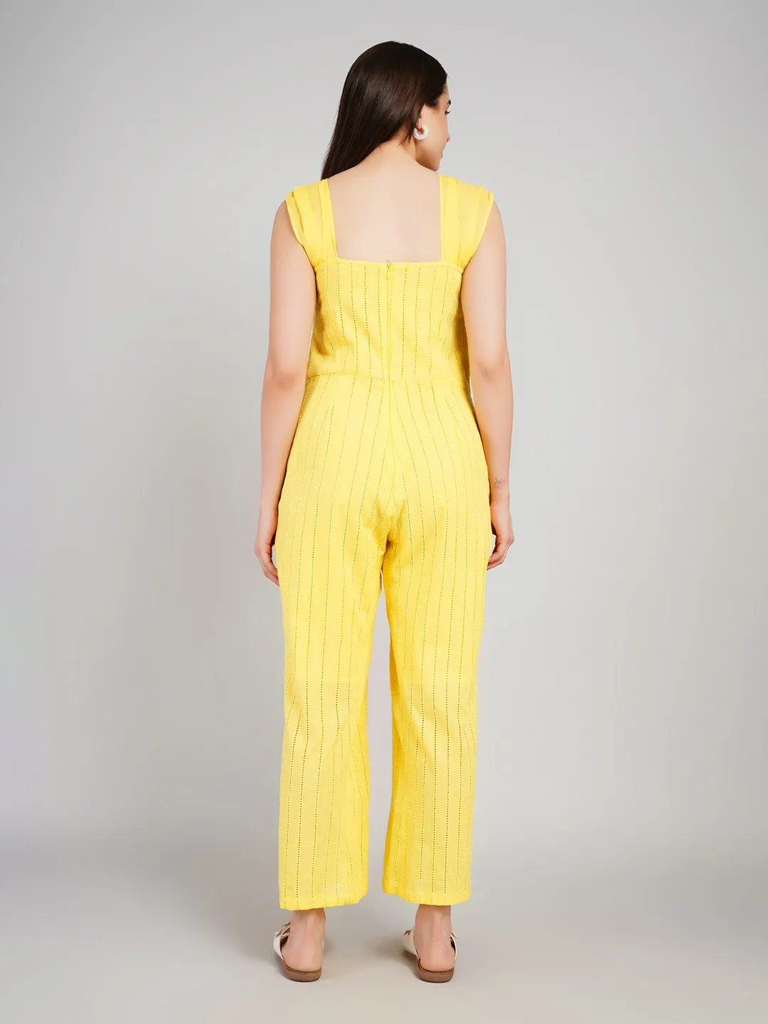 Women White Vertical Striped Eyelet Cotton Jumpsuit with Wide Straps