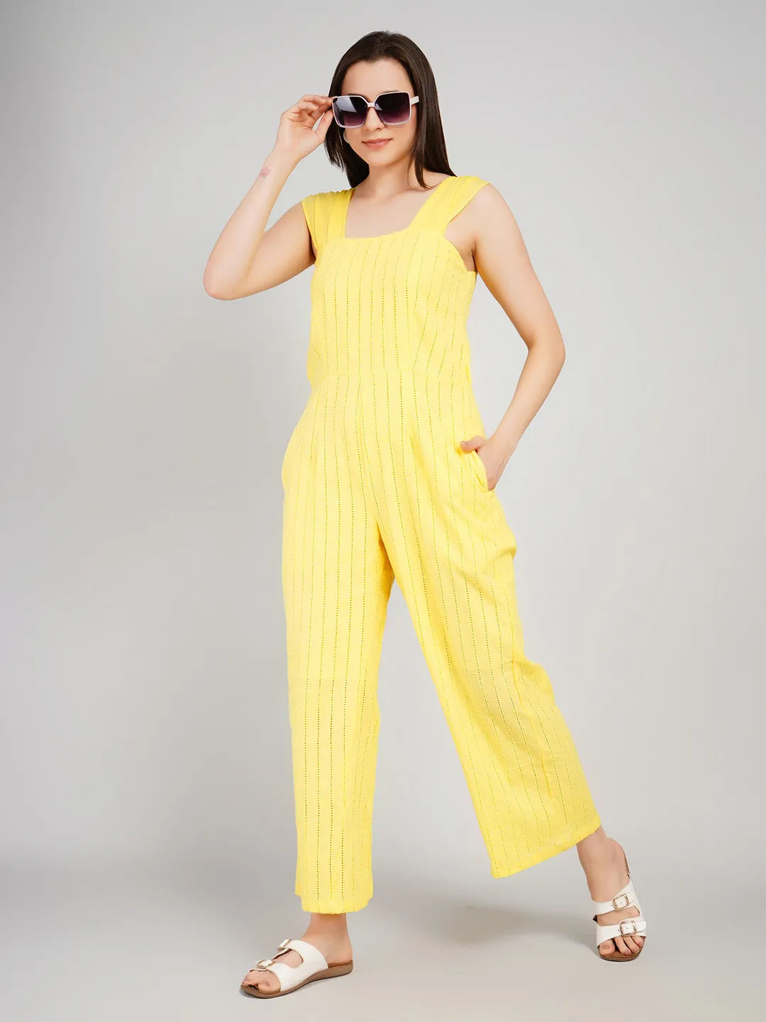 Women White Vertical Striped Eyelet Cotton Jumpsuit with Wide Straps
