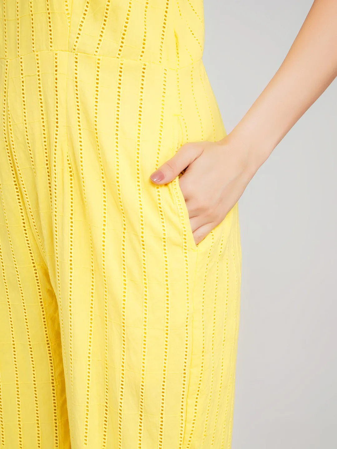 Women White Vertical Striped Eyelet Cotton Jumpsuit with Wide Straps