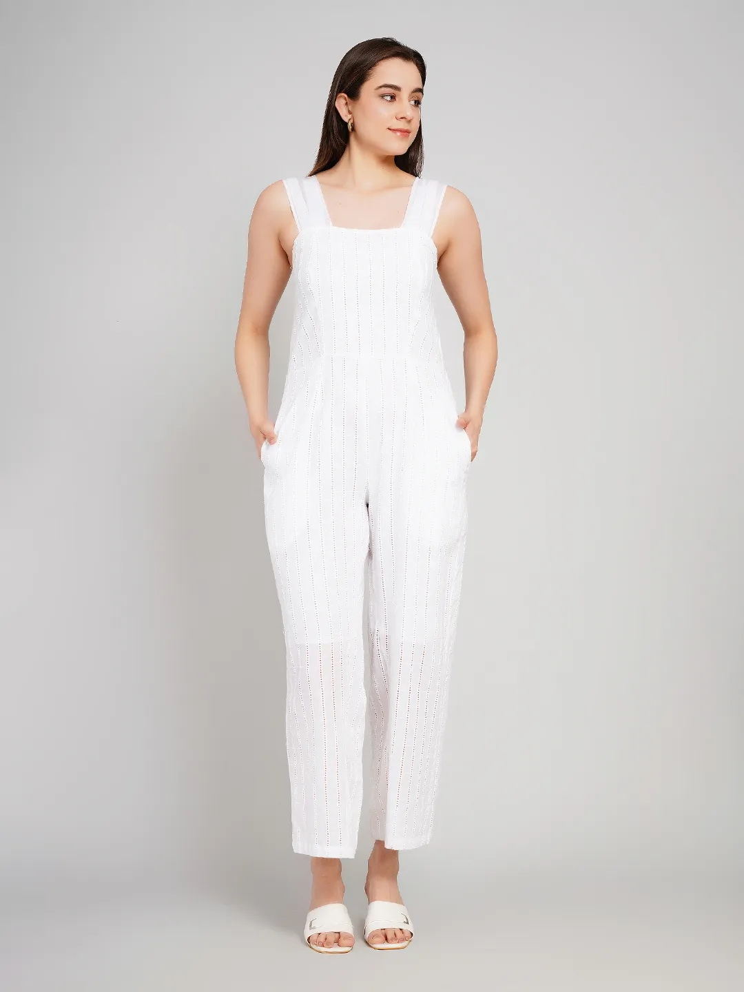 Women White Vertical Striped Eyelet Cotton Jumpsuit with Wide Straps