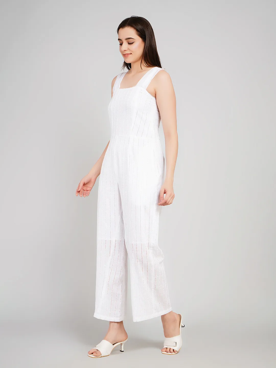 Women White Vertical Striped Eyelet Cotton Jumpsuit with Wide Straps