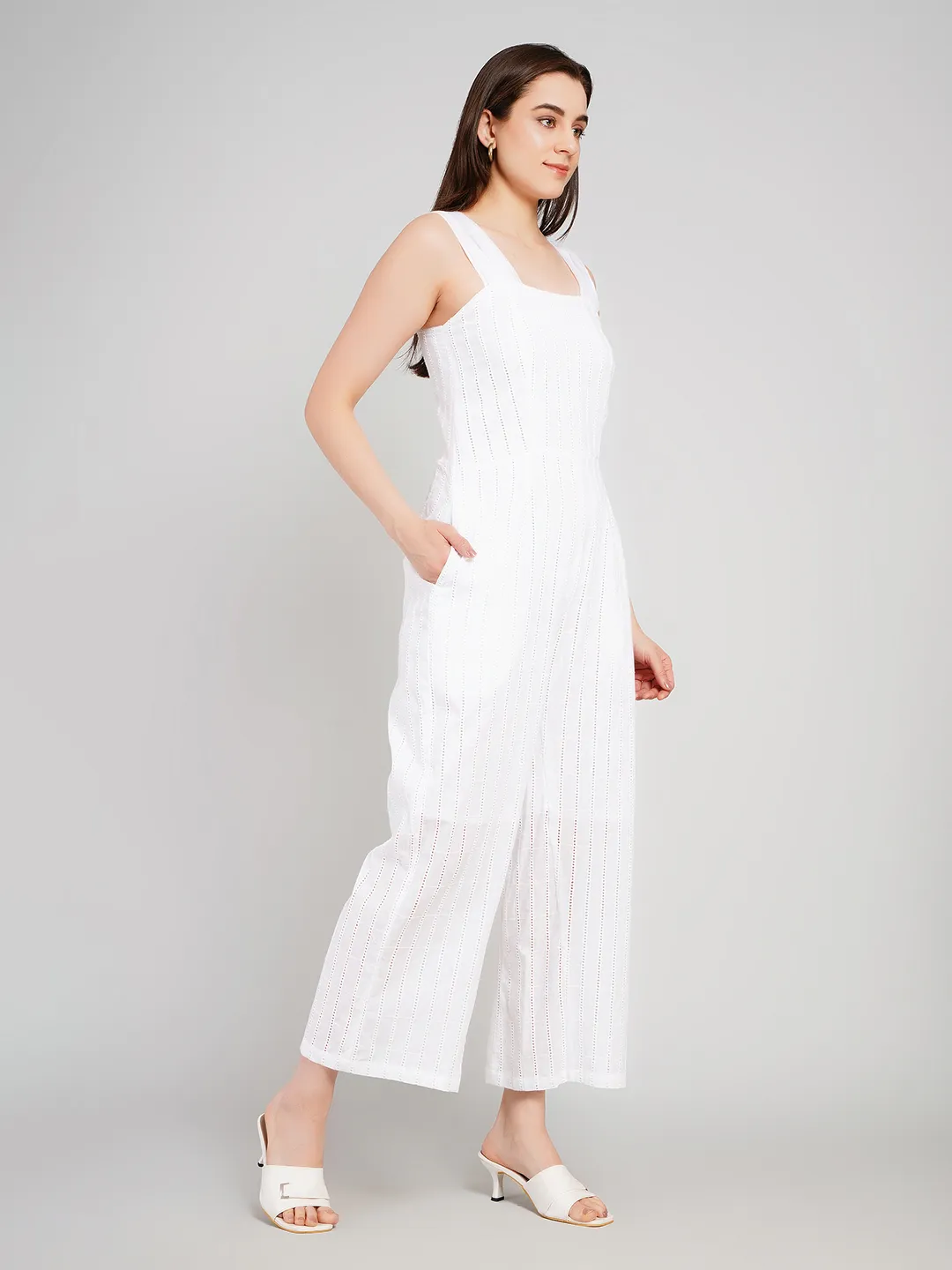 Women White Vertical Striped Eyelet Cotton Jumpsuit with Wide Straps