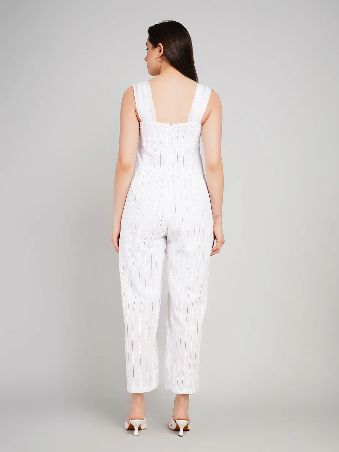 Women White Vertical Striped Eyelet Cotton Jumpsuit with Wide Straps