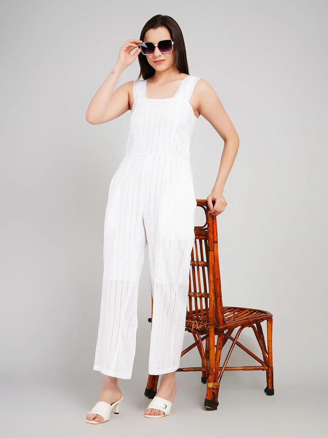 Women White Vertical Striped Eyelet Cotton Jumpsuit with Wide Straps