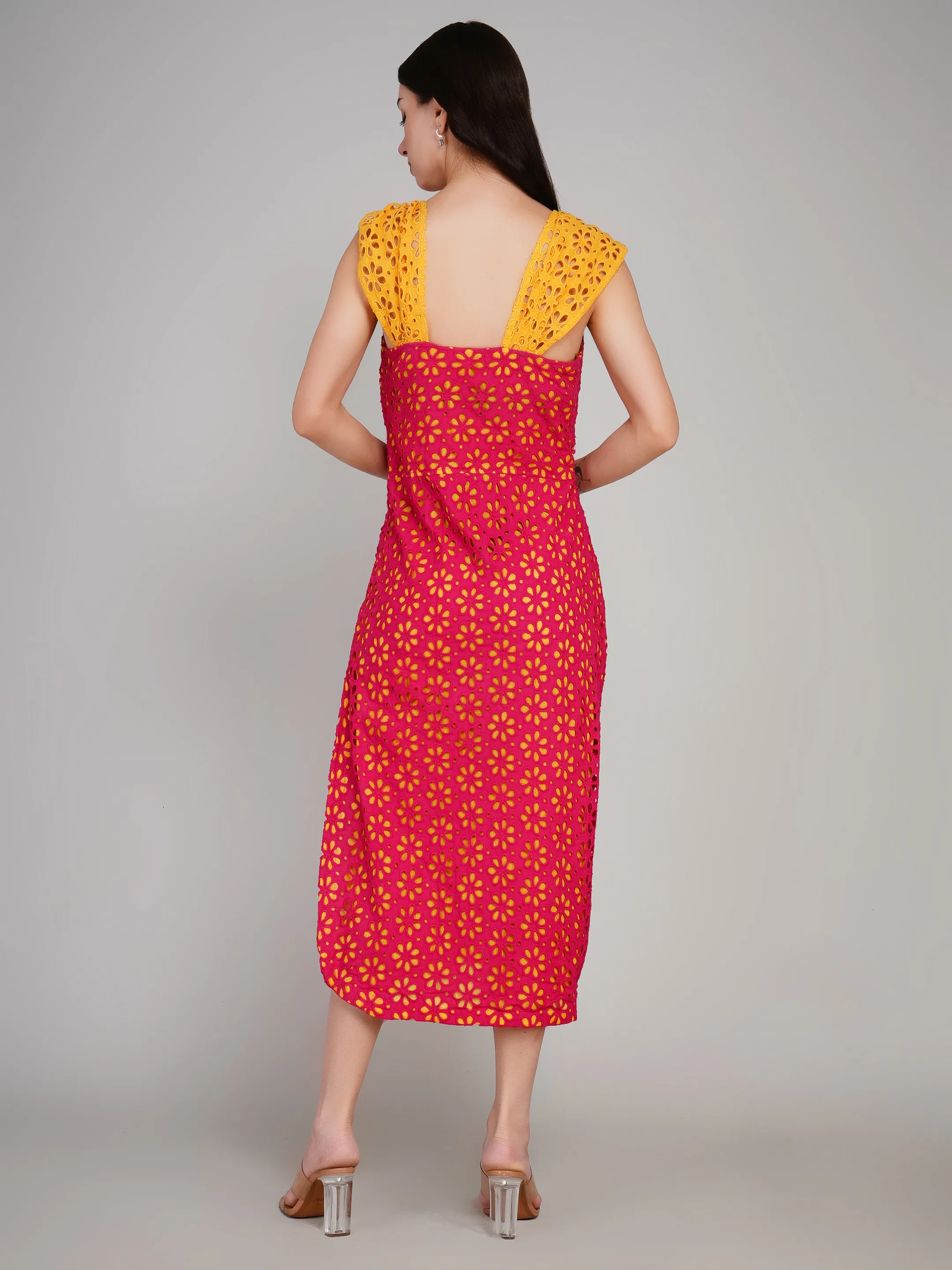 Pink Floral Eyelet Lace Dress with Contrast Flutter Sleeves