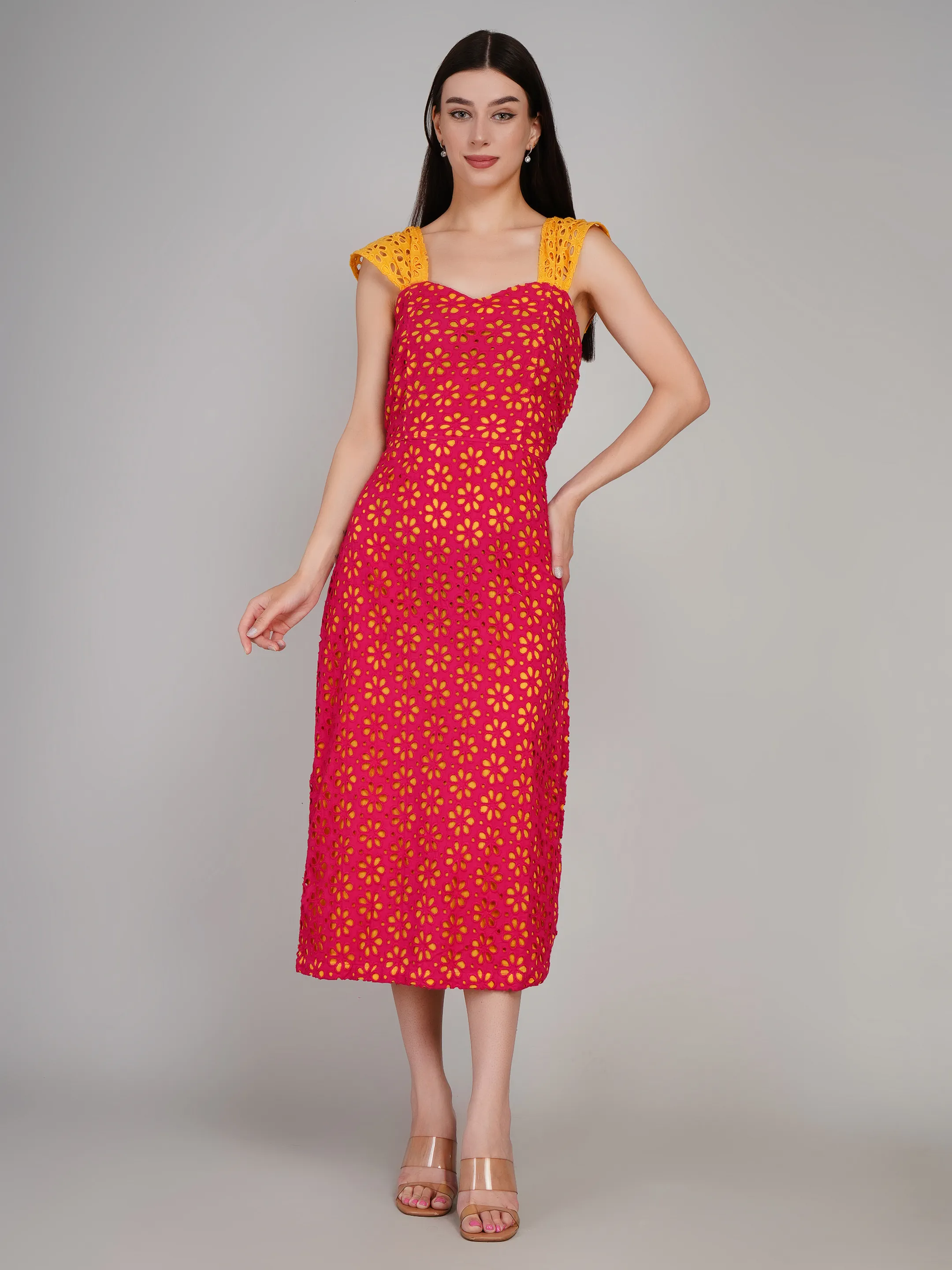 Pink Floral Eyelet Lace Dress with Contrast Flutter Sleeves