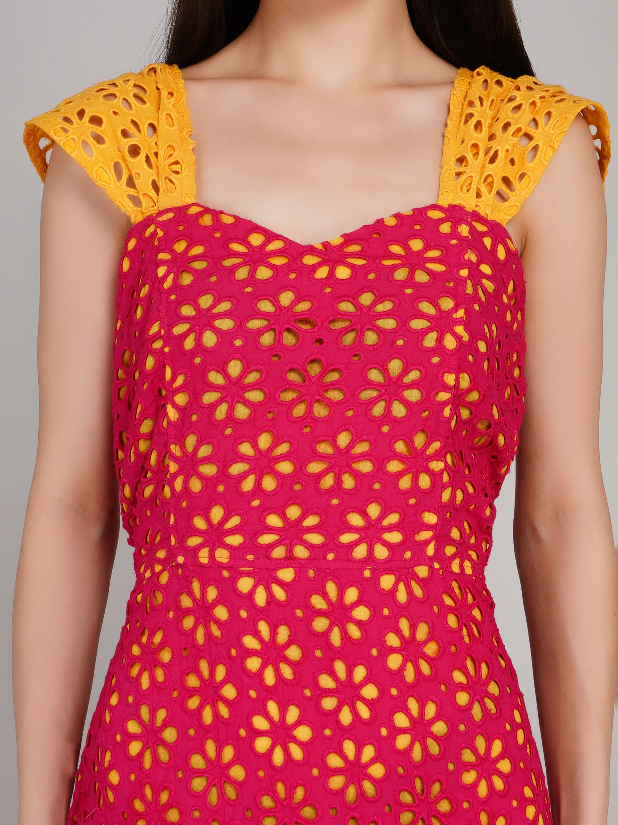 Pink Floral Eyelet Lace Dress with Contrast Flutter Sleeves