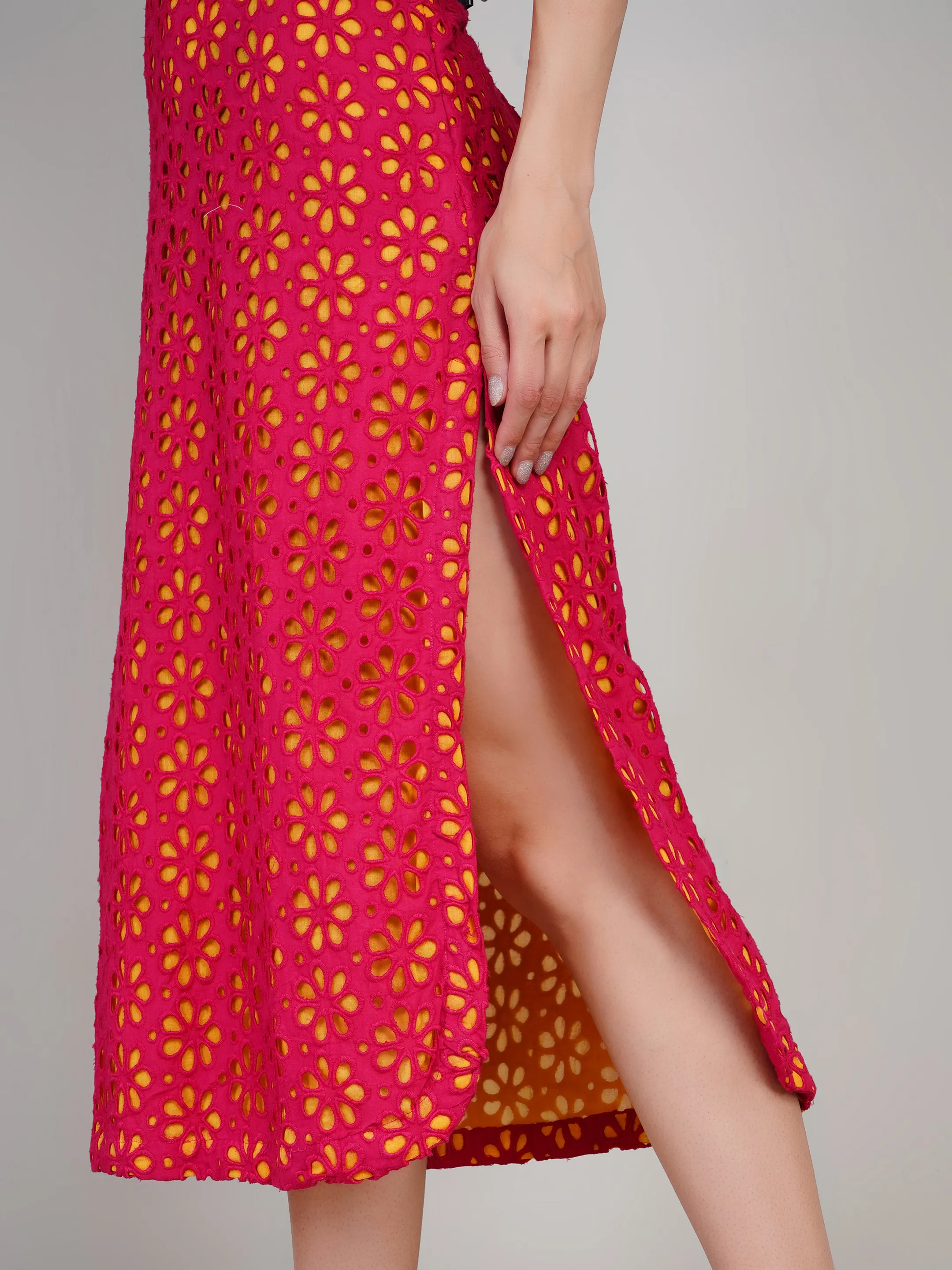 Pink Floral Eyelet Lace Dress with Contrast Flutter Sleeves