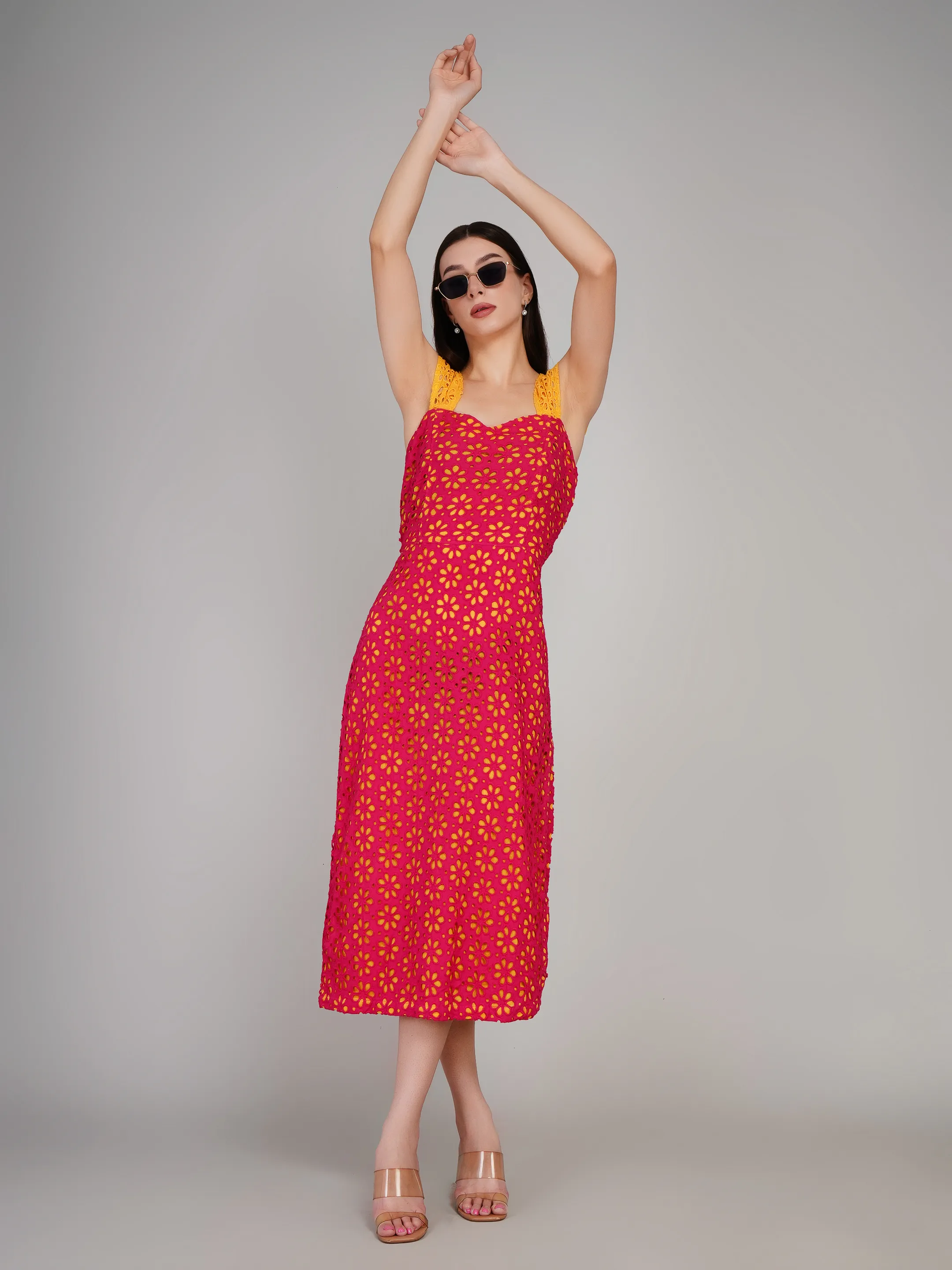 Pink Floral Eyelet Lace Dress with Contrast Flutter Sleeves
