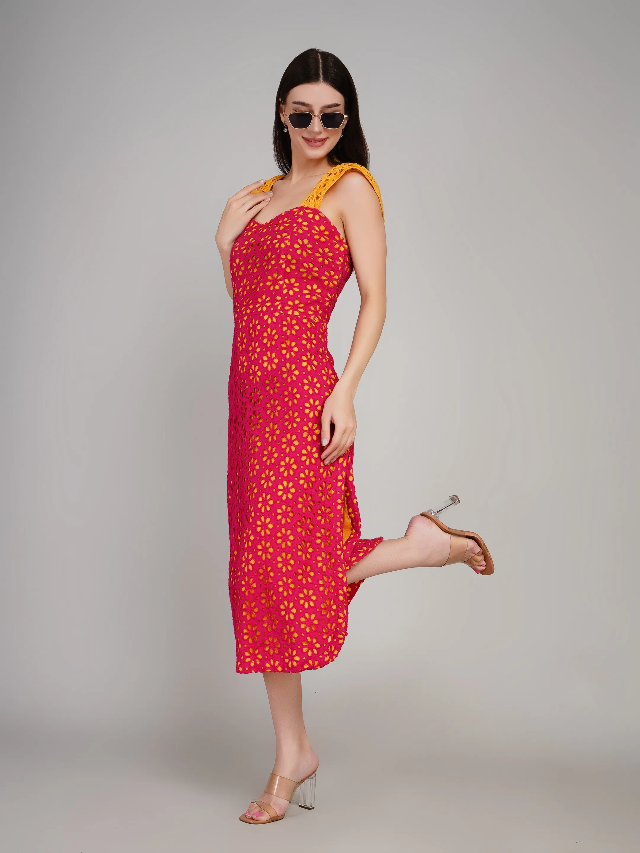 Pink Floral Eyelet Lace Dress with Contrast Flutter Sleeves
