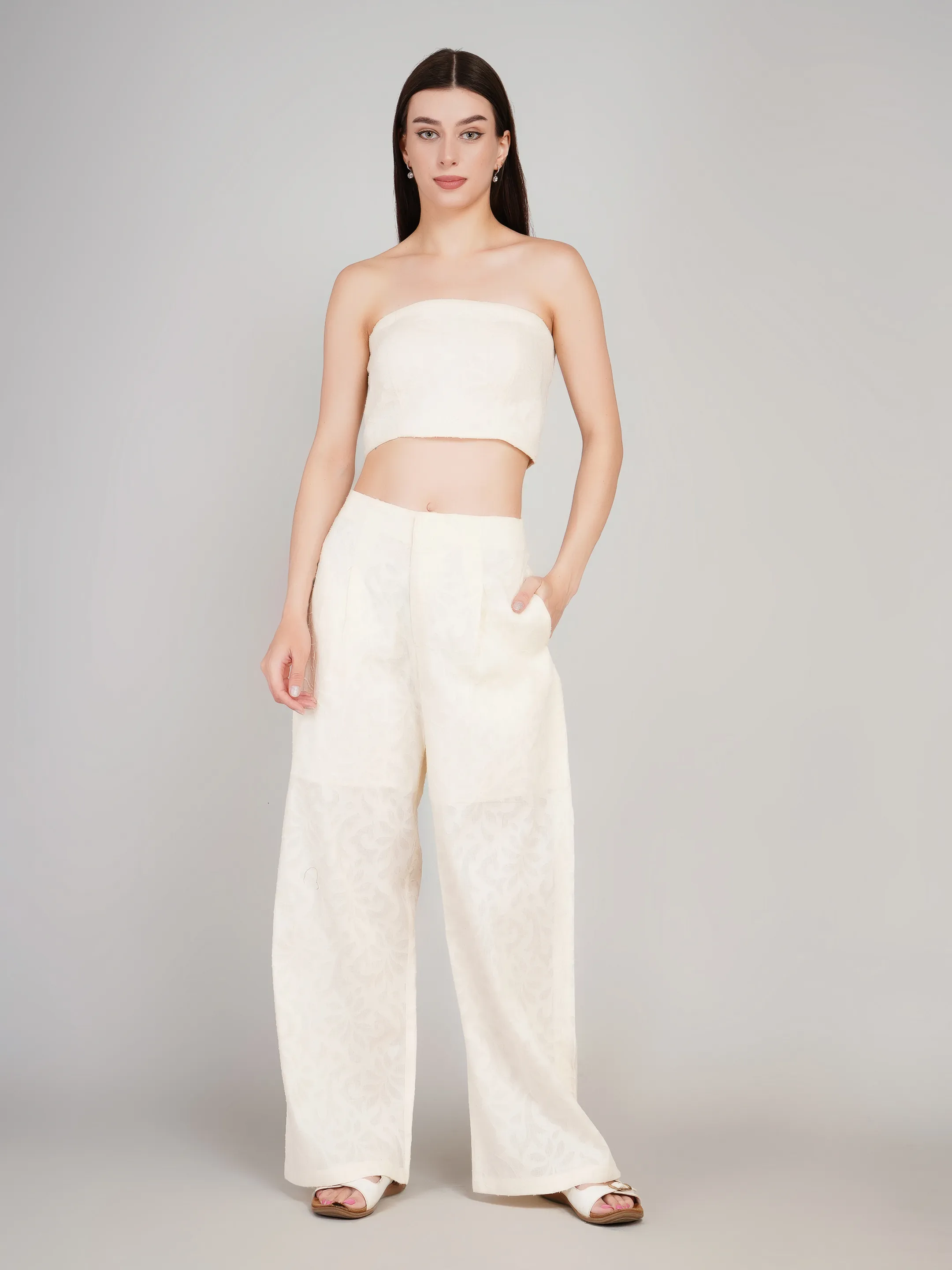 Women Off-White Self-Design 3-Piece Co-Ord Set with Longline Shrug