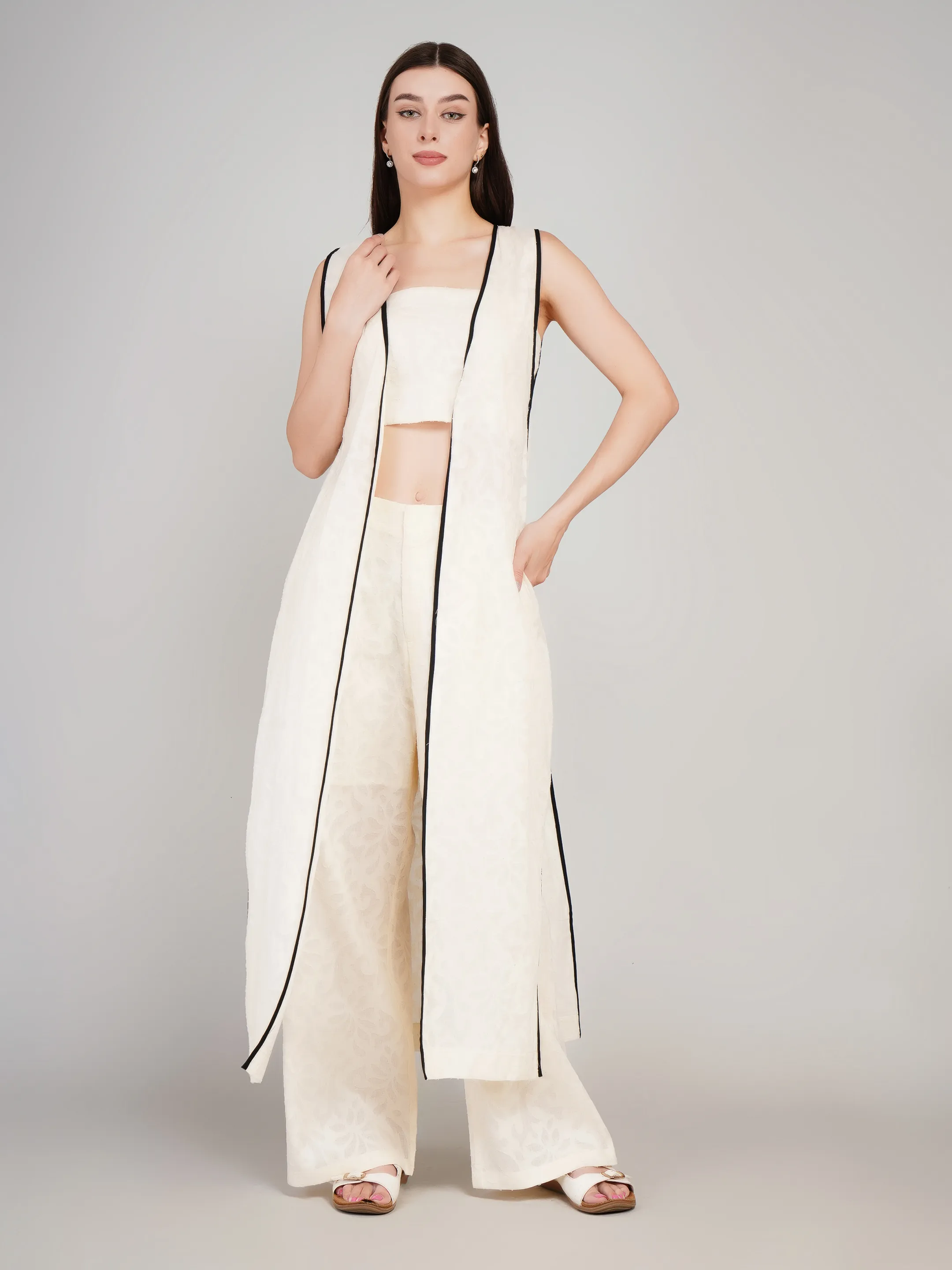 Women Off-White Self-Design 3-Piece Co-Ord Set with Longline Shrug