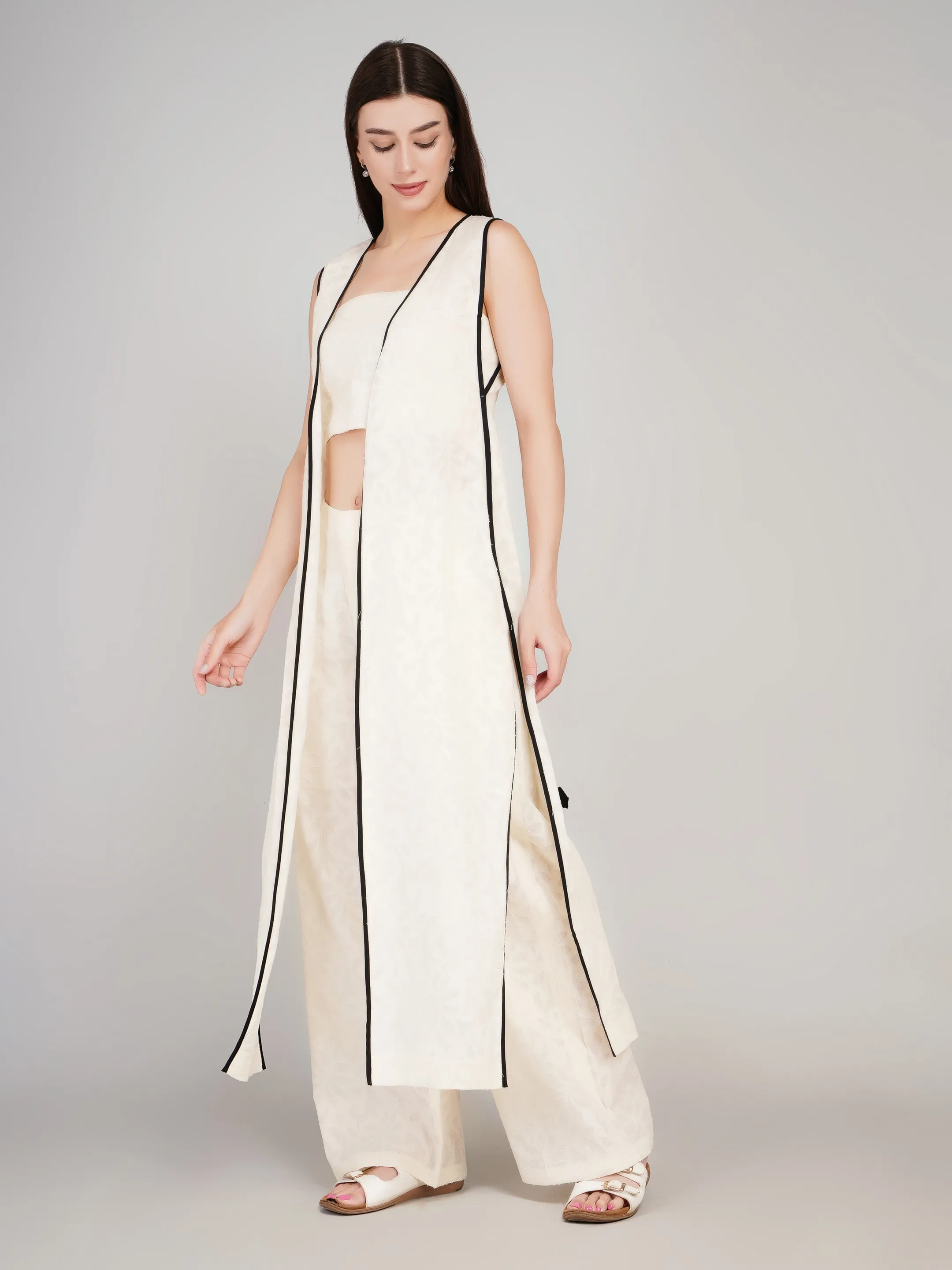 Women Off-White Self-Design 3-Piece Co-Ord Set with Longline Shrug