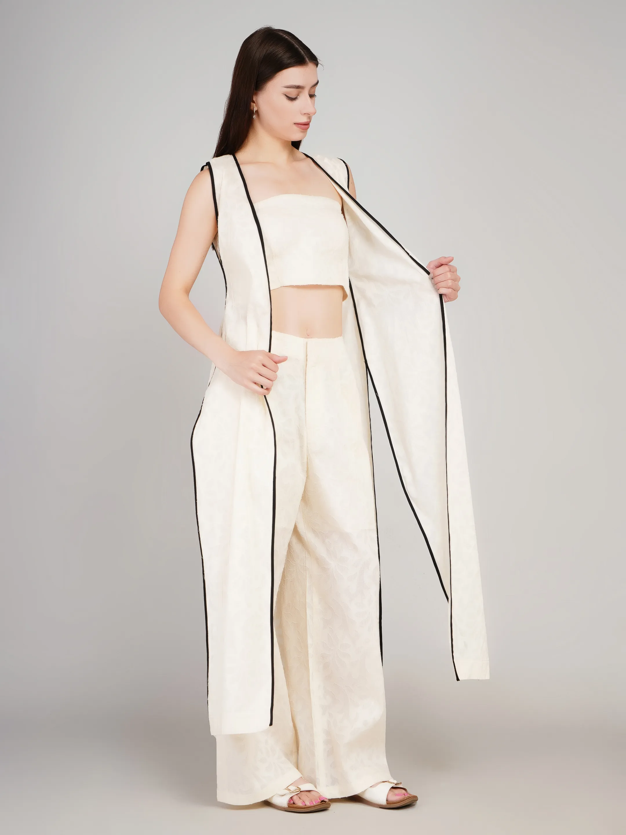 Women Off-White Self-Design 3-Piece Co-Ord Set with Longline Shrug