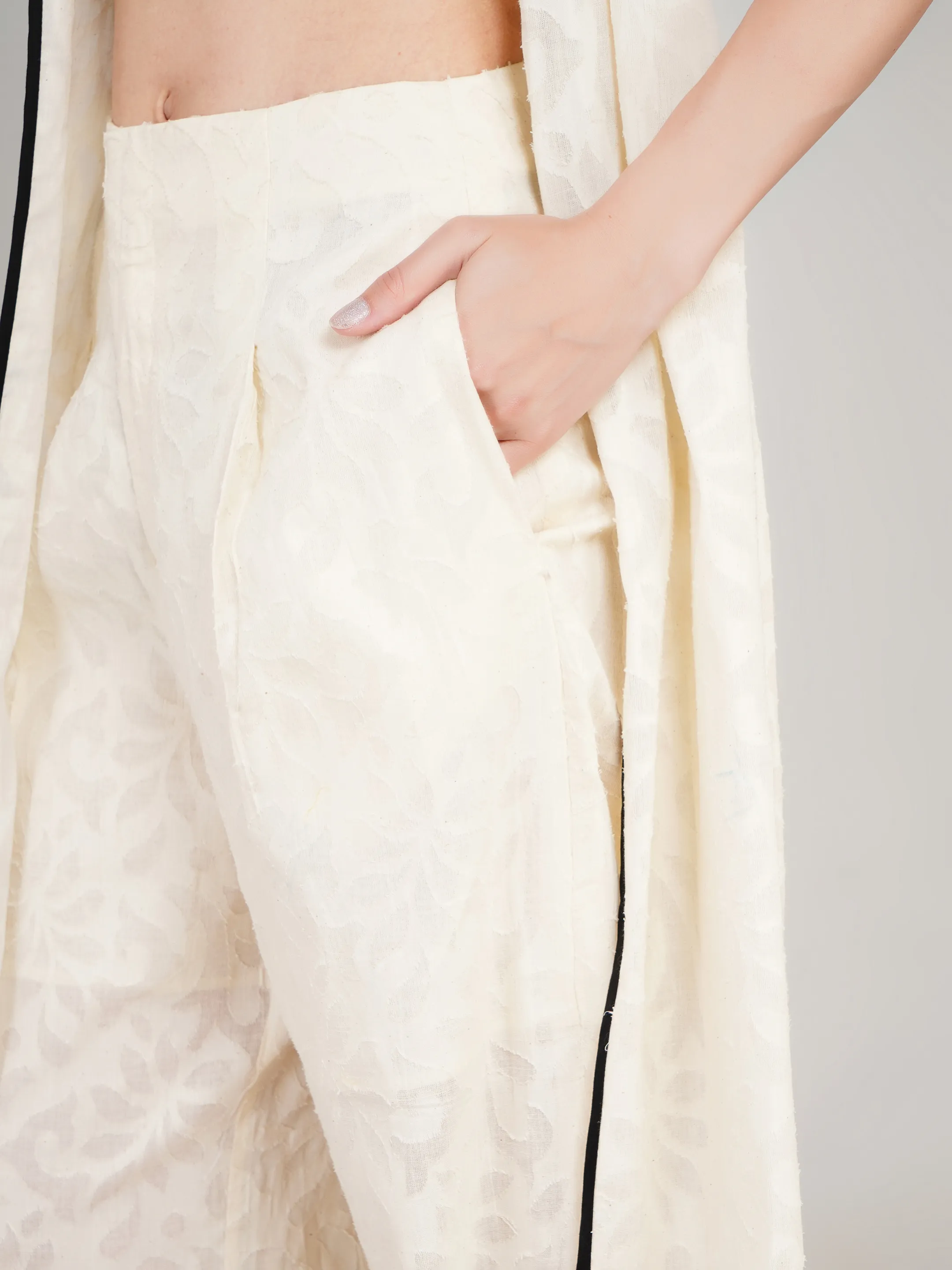 Women Off-White Self-Design 3-Piece Co-Ord Set with Longline Shrug