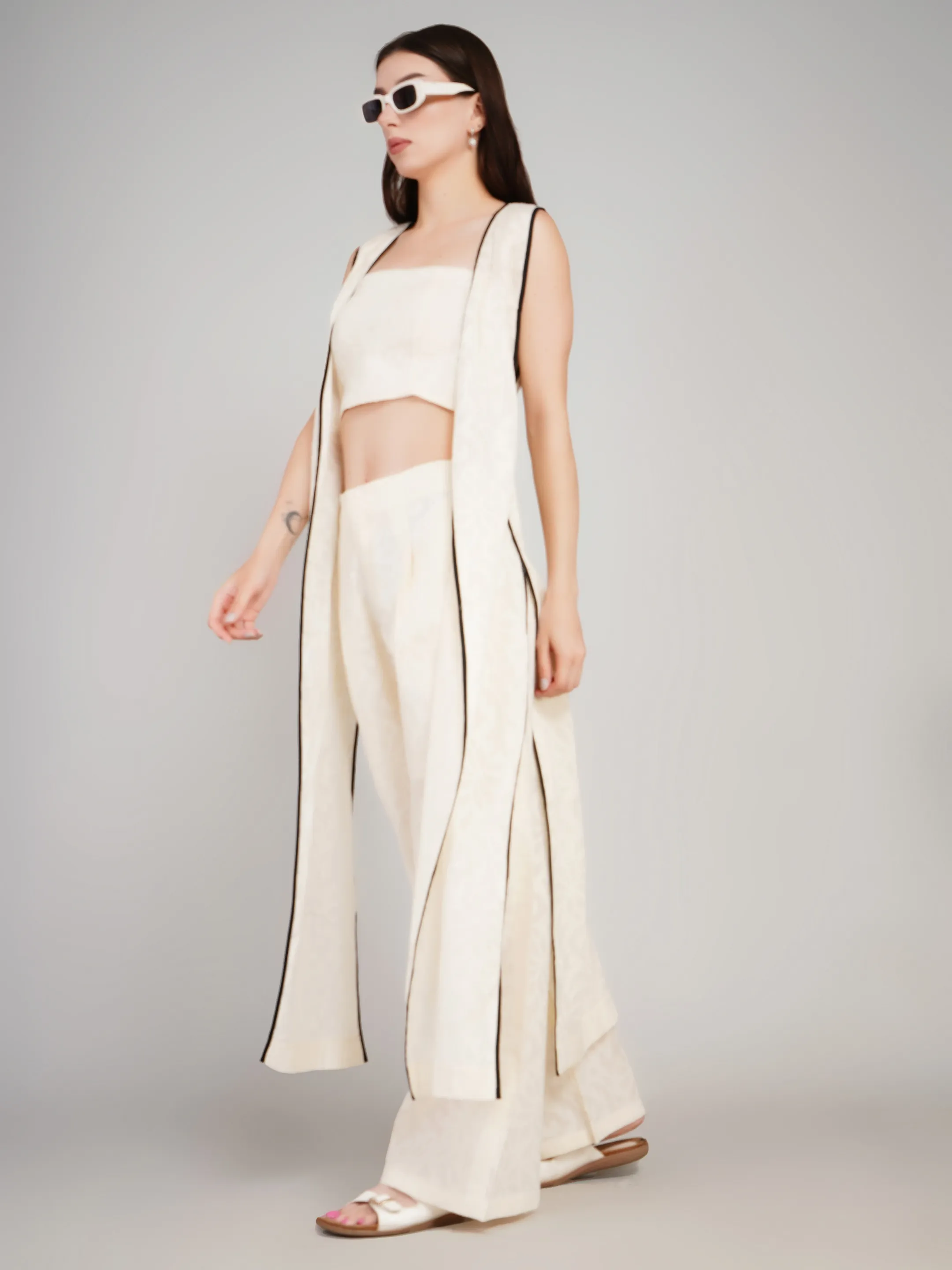 Women Off-White Self-Design 3-Piece Co-Ord Set with Longline Shrug