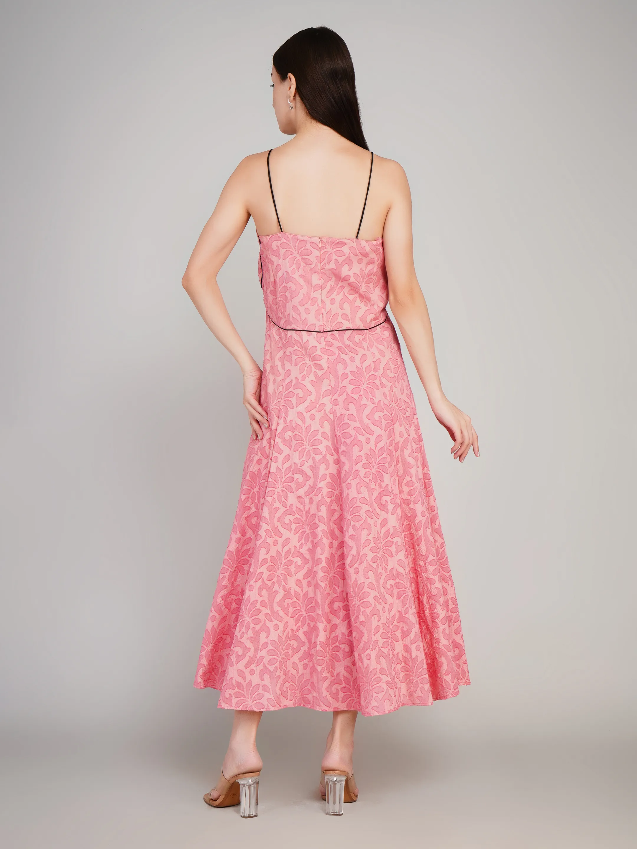 Women Pink Floral Self-Design A-Line Midi Dress with Contrast Piping