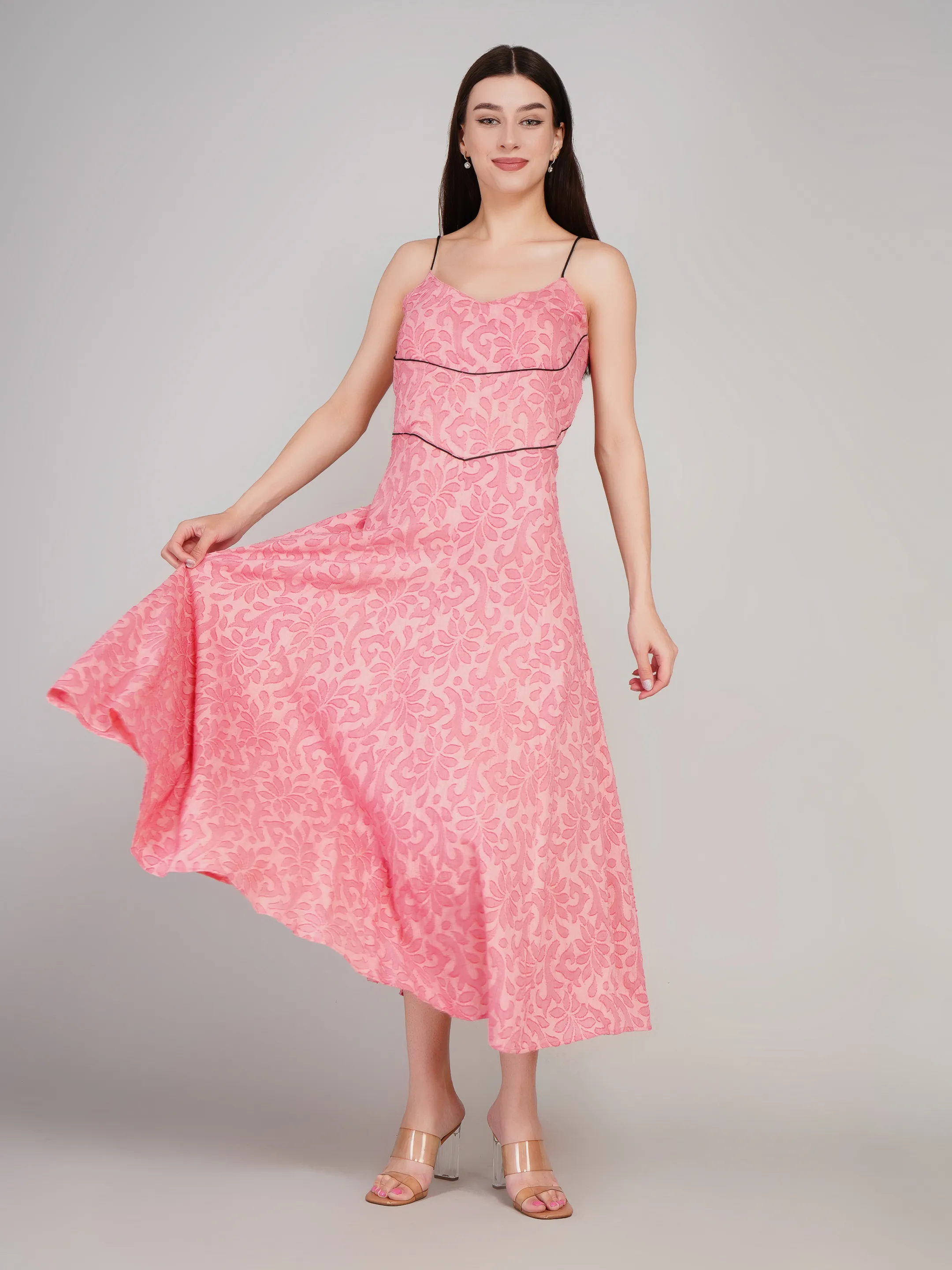 Women Pink Floral Self-Design A-Line Midi Dress with Contrast Piping