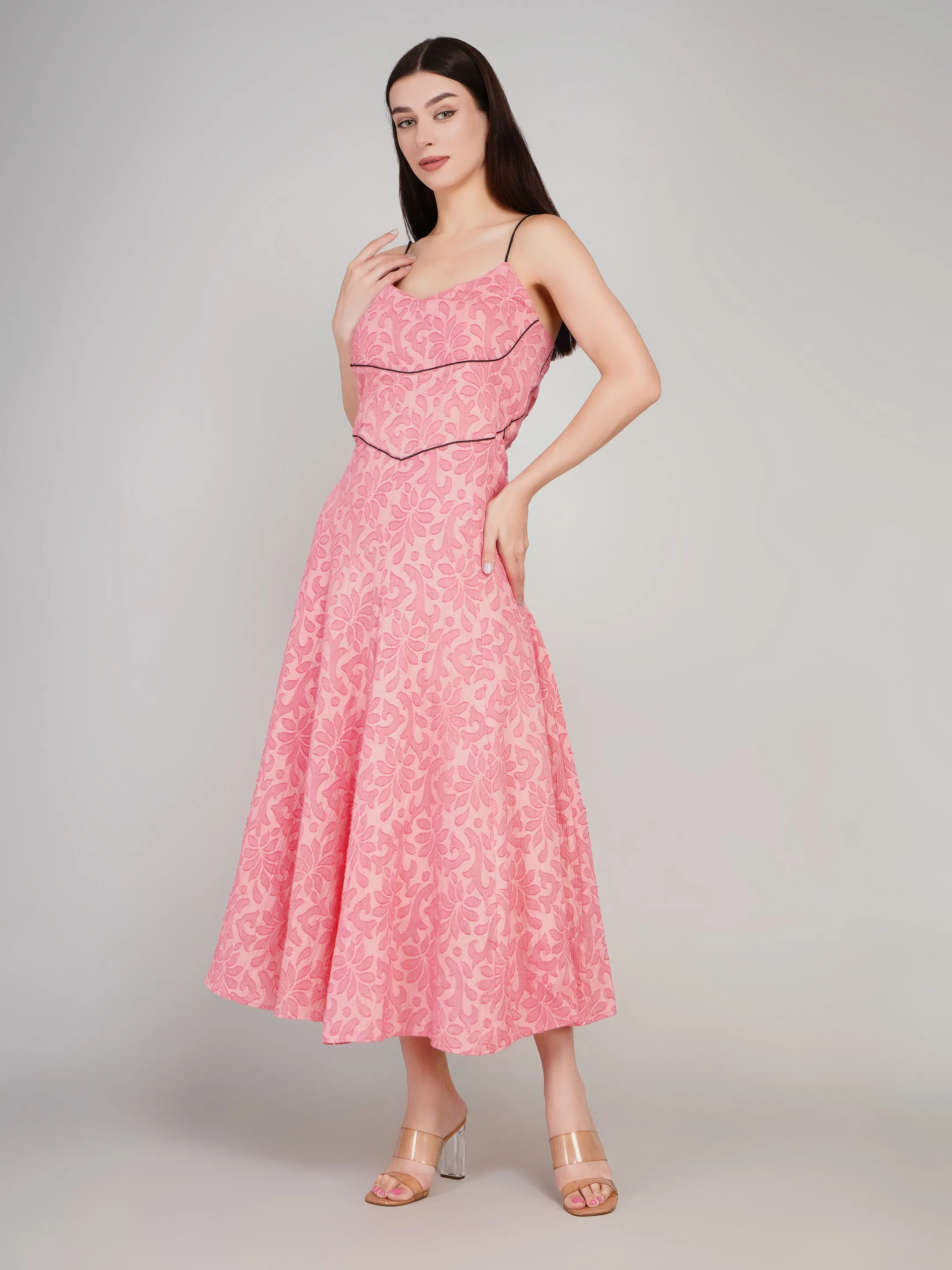 Women Pink Floral Self-Design A-Line Midi Dress with Contrast Piping