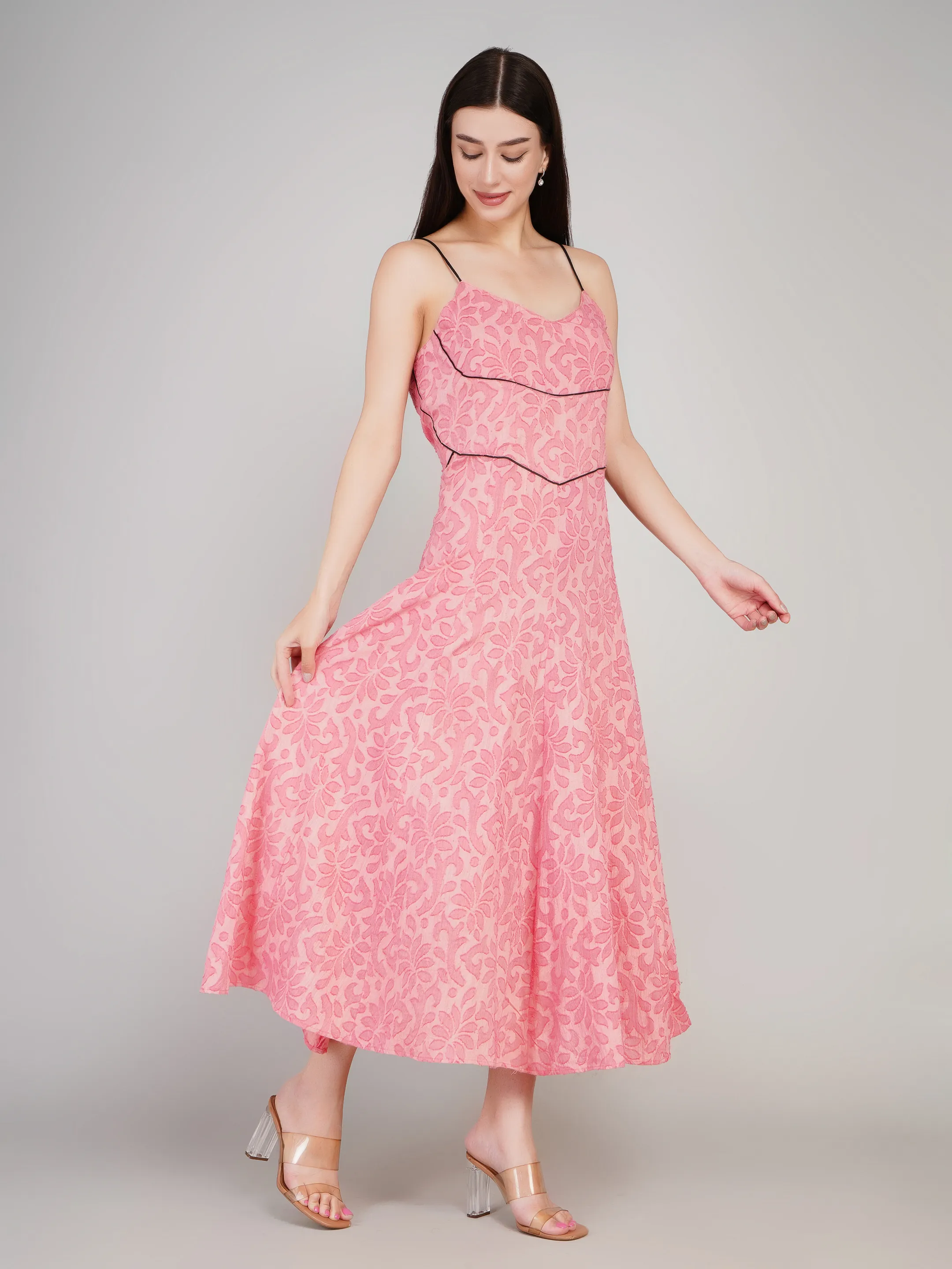 Women Pink Floral Self-Design A-Line Midi Dress with Contrast Piping