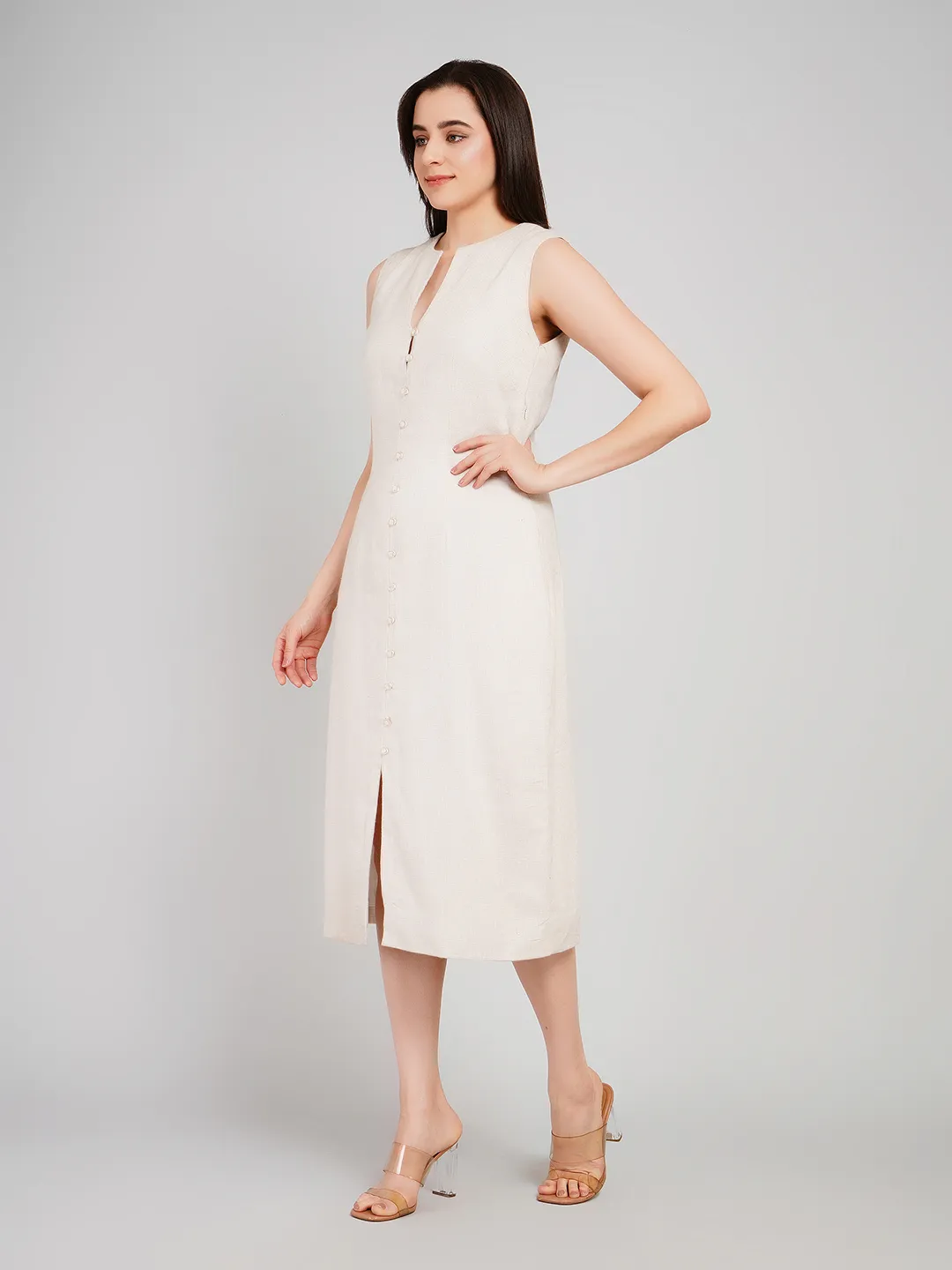 Women Cream Linen-Look Sleeveless Dress with Front Slit